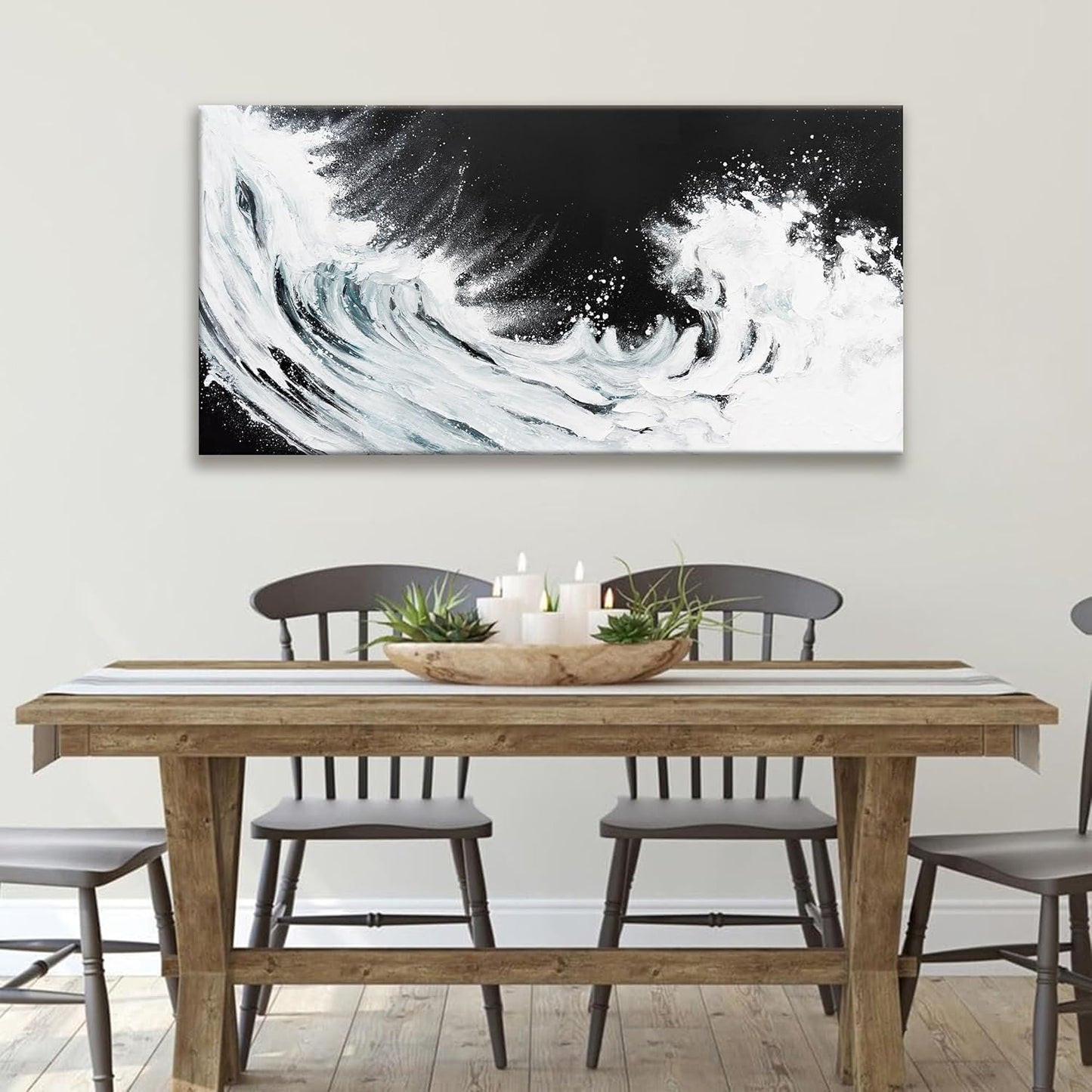 Black Abstract Wall Art Living Room Abstract Painting Wall Decor Modern 24"X 48" Canvas Art Wall Decor Black White Ocean Waves Wall Art Canvas Prints Artwork Pictures For Bedroom Kitchen Artwork