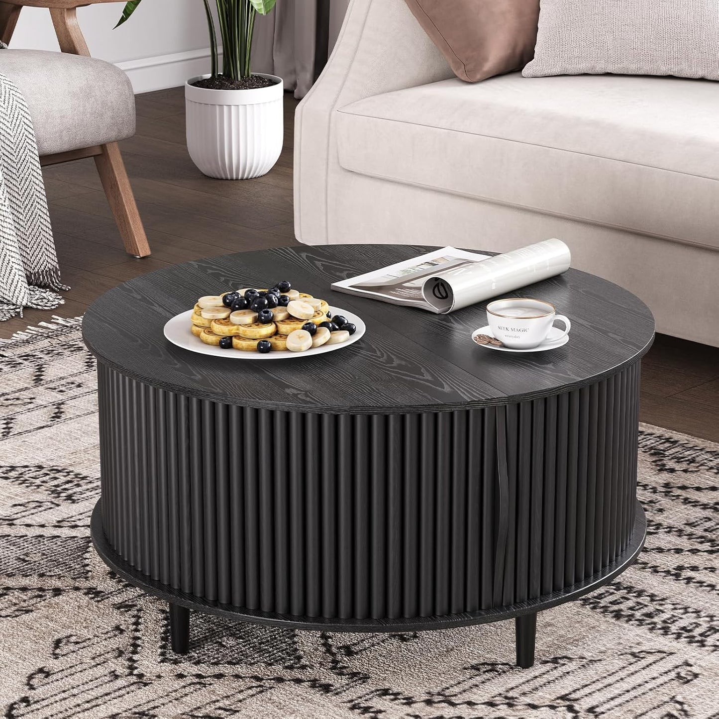 Round Coffee Table with Storage,Mid Century Modern Dining Table with Sliding Cabinet Door for Living Room,Home Small Space,31.5" Small Center Table,Black