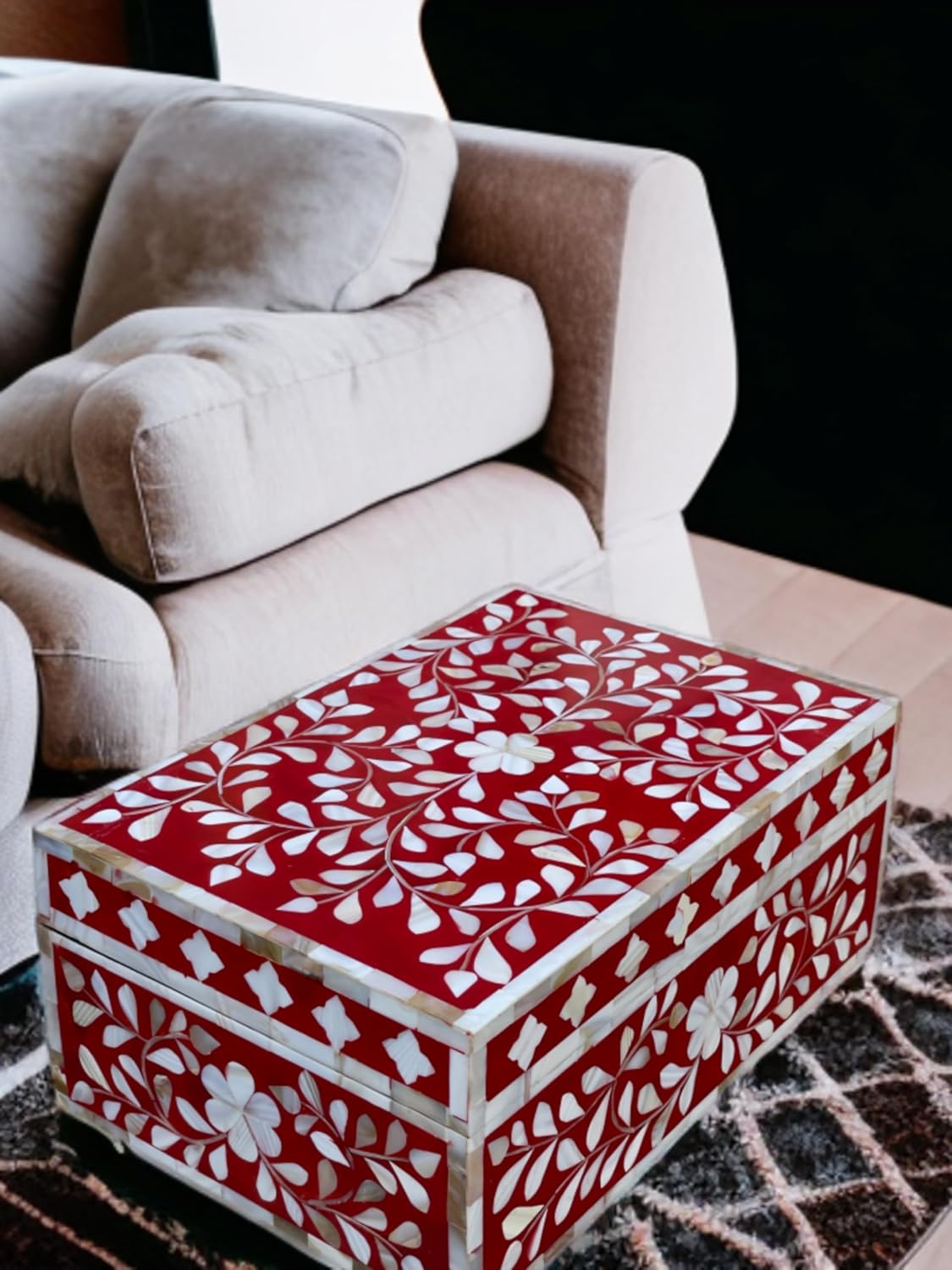 Decorative Wooden Storage Box with Mother of Pearl Inlay – Elegant Floral Design – Perfect for Home Décor in Living Room, Dining Area, or Bedroom (Red, 12x8x5 inches)