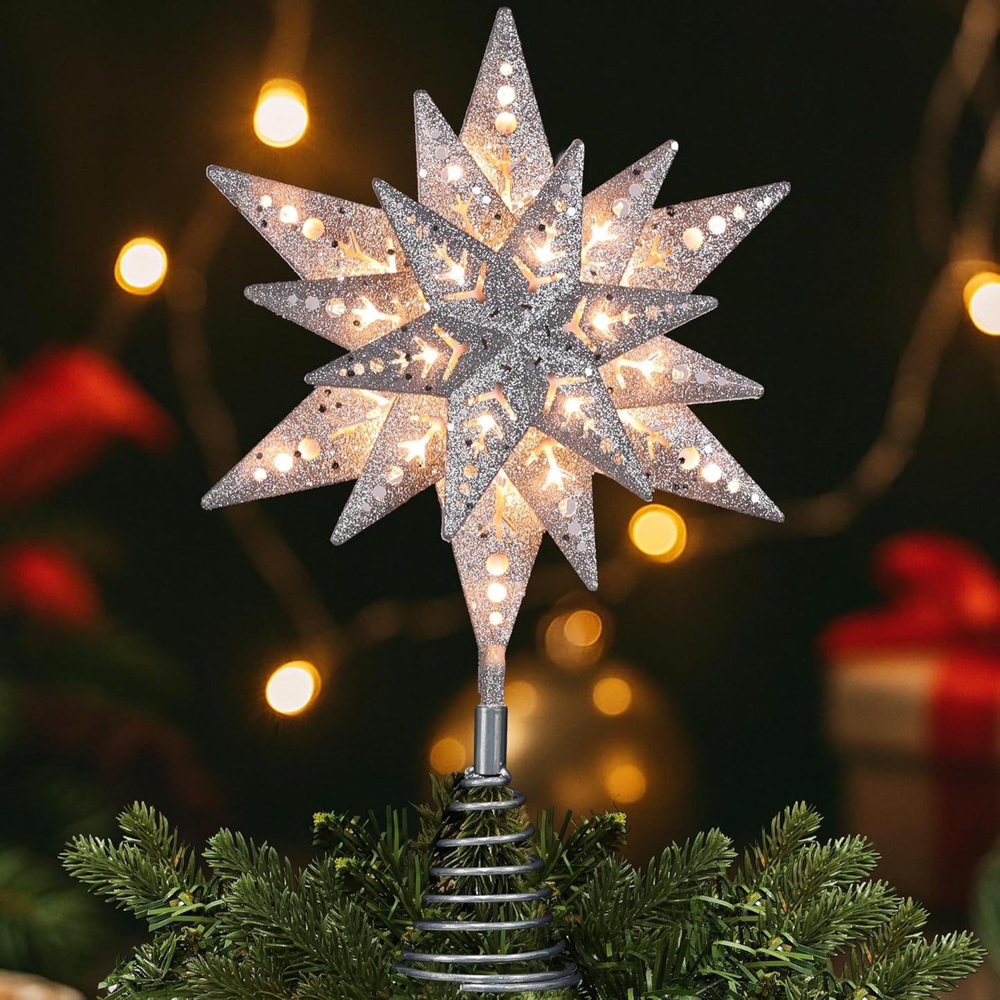 ODEETRONIC Silver Glittered Snowflake Tree Topper, 8 in 3D Christmas Tree Star Topper with 25 Clear Lights, 120V UL Certified Snowflake Tree Toppers, Warm Silver Tree Toppers for Xmas Tree Party Decor