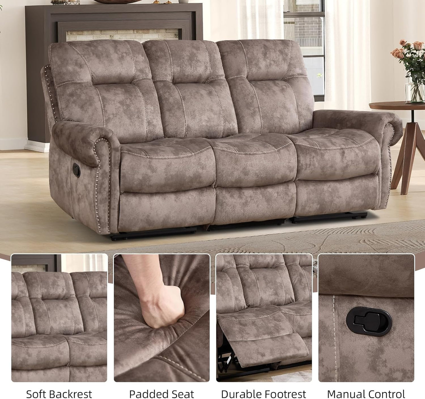 EBELLO Reclining Couch Sofa Furniture Set for Living Room,Vintage Rivet Mid-Century Design, Included 1 Seat Power Massage Recliner Chair, a Manual Loveseat, and a 3 Seater Manual Sofa, Brown