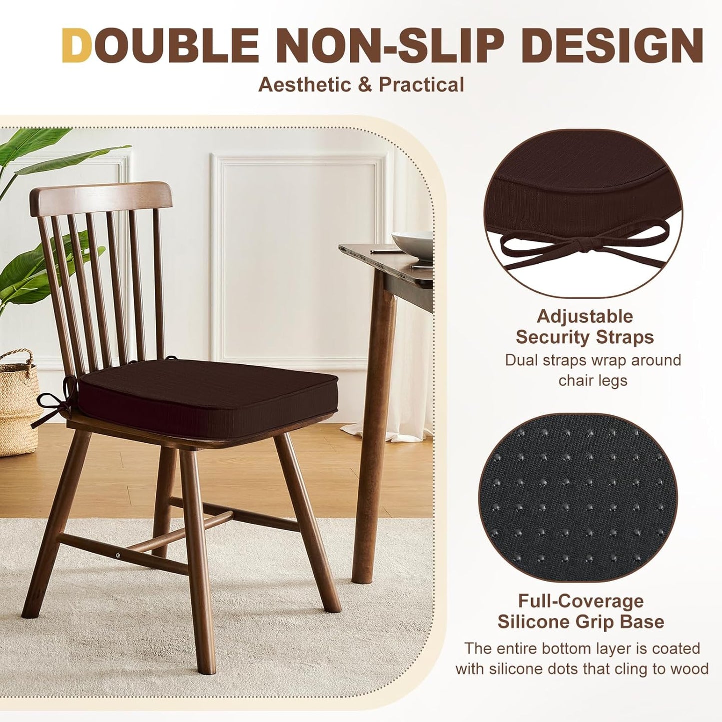 downluxe Chair Cushions for Dining Chairs, Waterproof Kitchen Chair Pads, Non-Slip Dining Seat Cushion with Ties, 17" x 16" x 2.5", Brown, 6 Pack