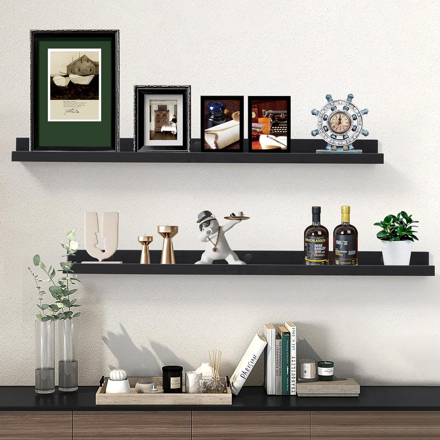 Black Floating Shelves 36 Inch Modern Picture Frame Shelf for Wall Picture Ledge Shelves with Lip Wooden Book Toy Shelves Set of 2 Bathroom Shelf Organizer for Living Room Bedroom Kitchen Wall Decor