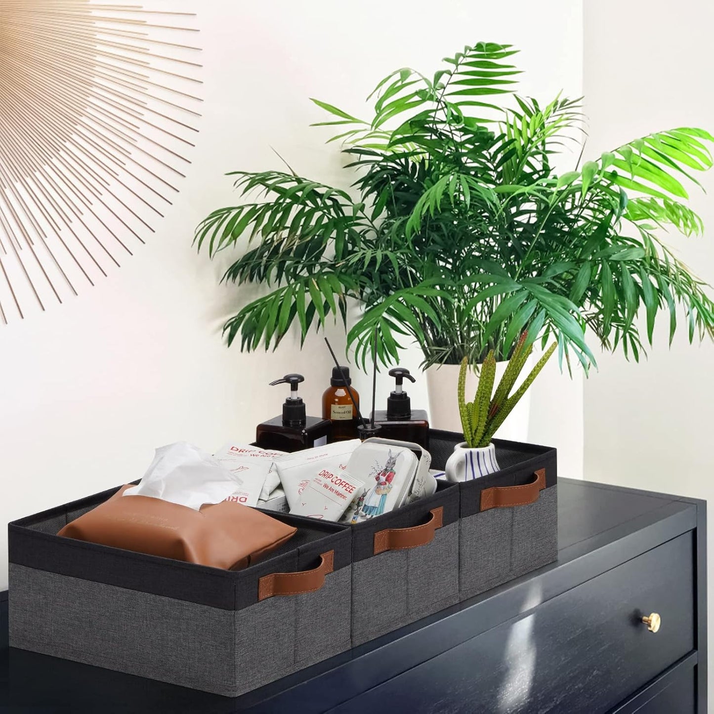 GhvyenntteS Small Fabric Storage Bins with Handles 6 Pack, 11.8" x 7.87" x 5.11" Storage Baskets for Shelves, Baskets for Organizing Clothes Underwear Socks Hats DVDs (Grey/Black)