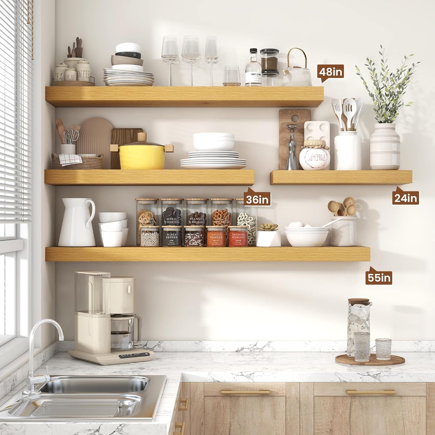 Heimlove 36 Inch Floating Shelves for Wall Set of 2,Oak Wall Shelves for Storage & Decor - Heavy Duty with Invisible Brackets,Perfect for Living Room,Bedroom,Home Office