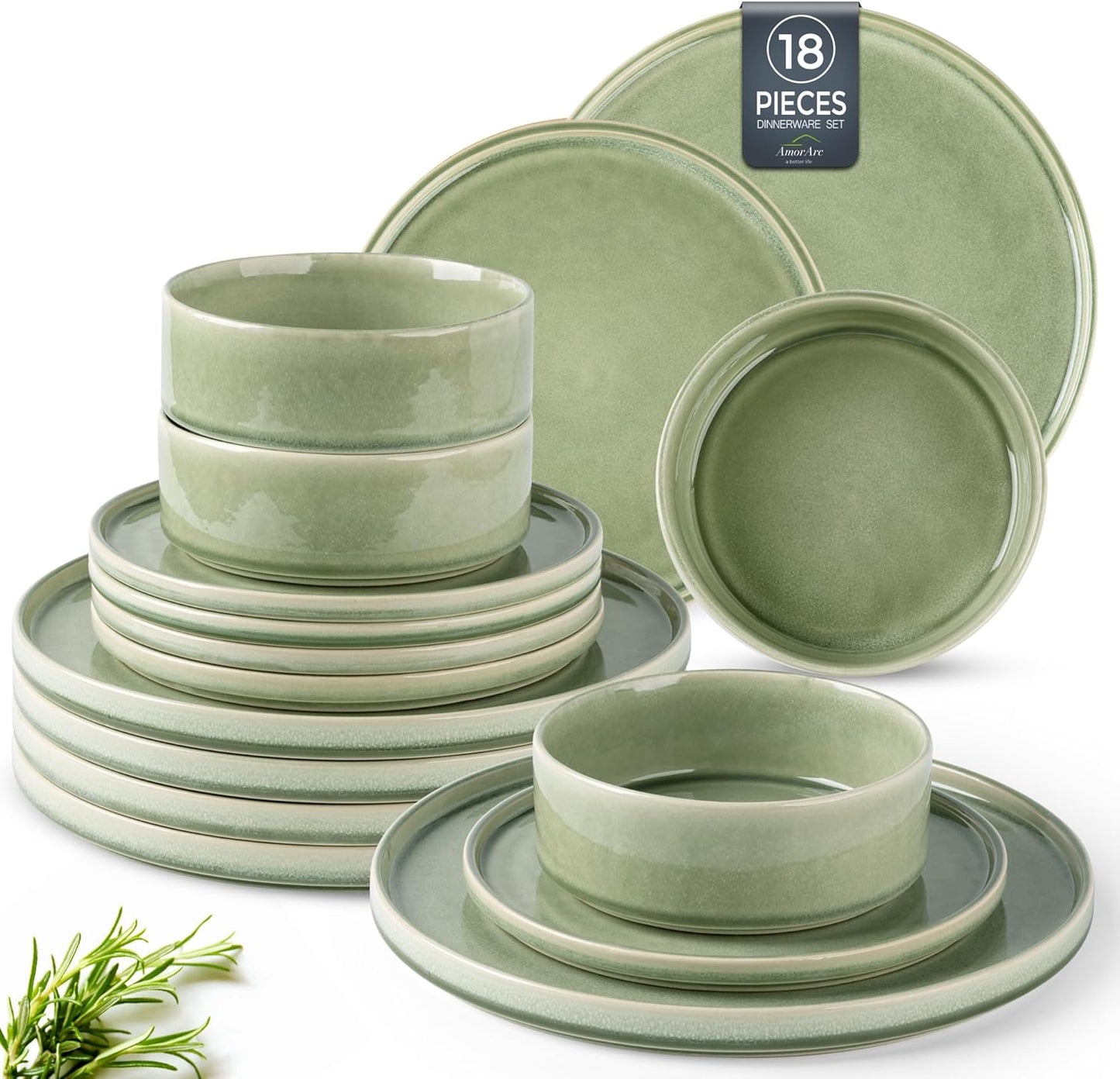 AmorArc Ceramic Dinnerware Sets, Handmade Reactive Glaze Stoneware Plates and Bowls Sets,Highly Chip and Crack Resistant | Dishwasher & Microwave Safe Dishes Set, Service for 6 (18pc)