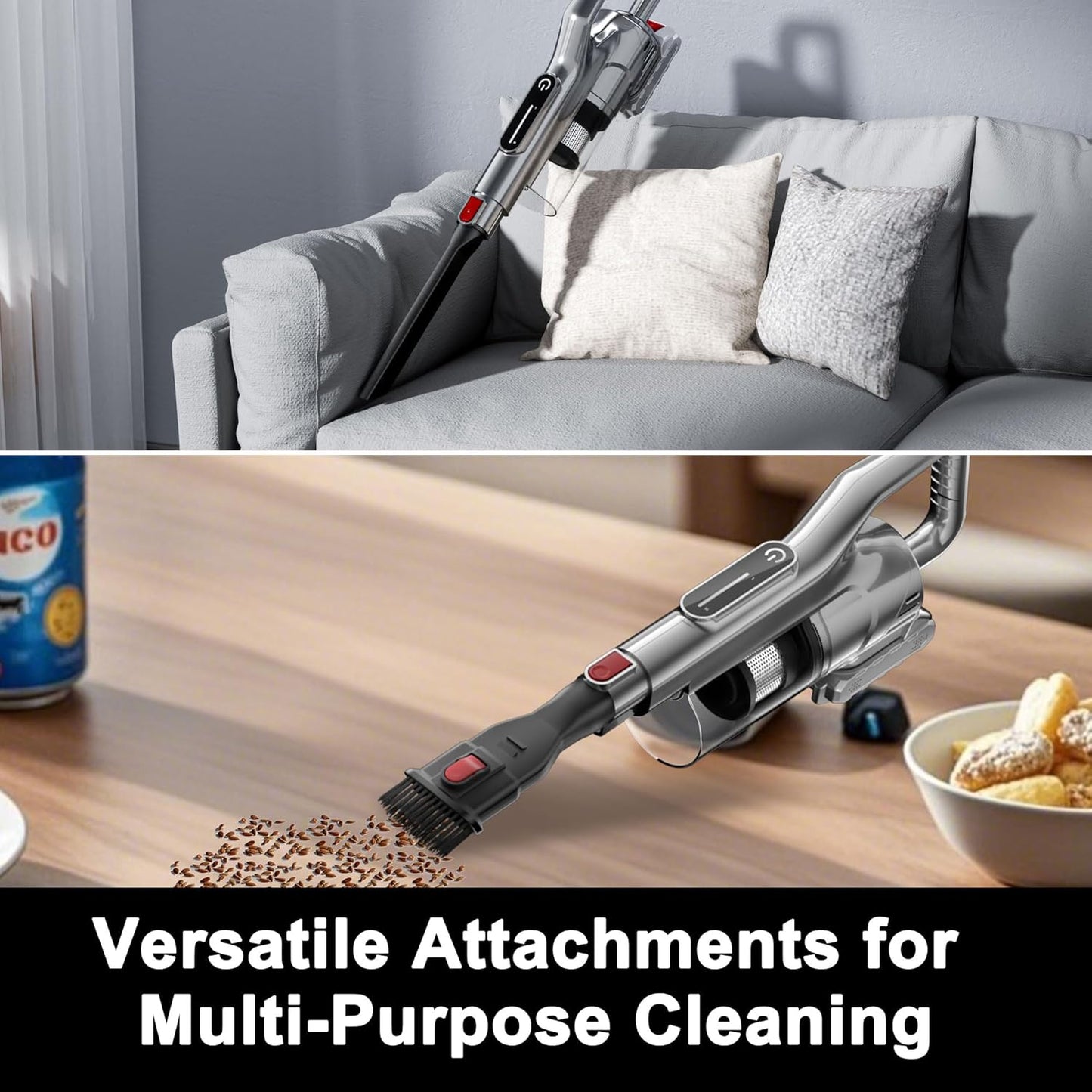 Cordless Vacuum Cleaner, Powerful Battery Vacuum Cleaner Cordless with LED Touch Screen & 2 Speeds, Lightweight Stick Vacuum Cleaners for Home, Pet Hair & Hardwood Floor,Silver
