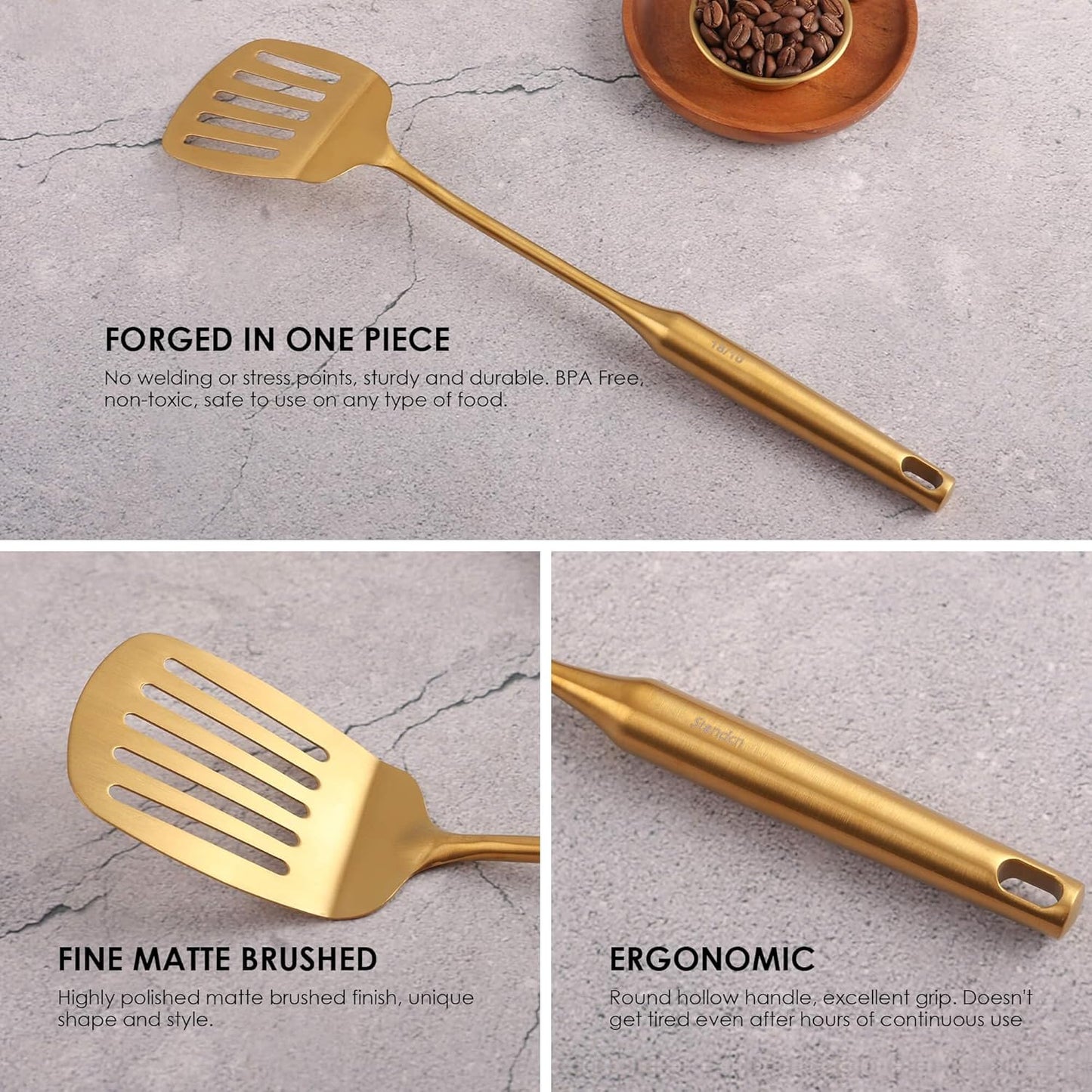 Gold Kitchen Utensils Set - 18/10 Stainless Steel Cooking Tools, 15" All Metal Serving Utensils with Fork, Solid/Slotted Spoon, Spatula, Ladle, Skimmer, Tunner, Pasta Spoon, Large Spoon, Set of 9