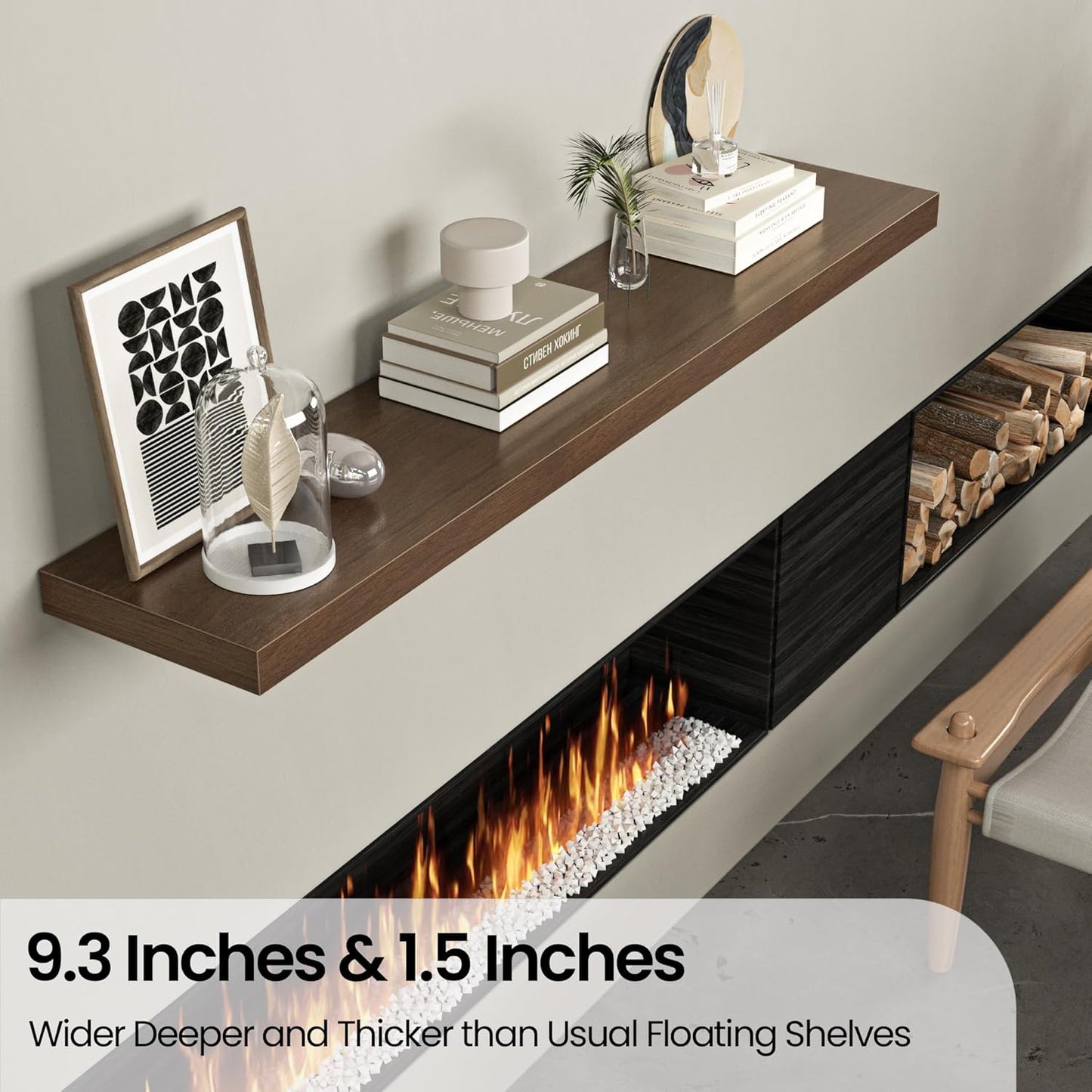 Floating Shelves for Wall, 72"W x 9.3"D x 1.5"H, Long Wooden Wall Mounted Display Shelves with Invisible Brackets for Living Room, Bedroom, Bathroom, Kitchen Decor and Storage, Set of 1, Walnut