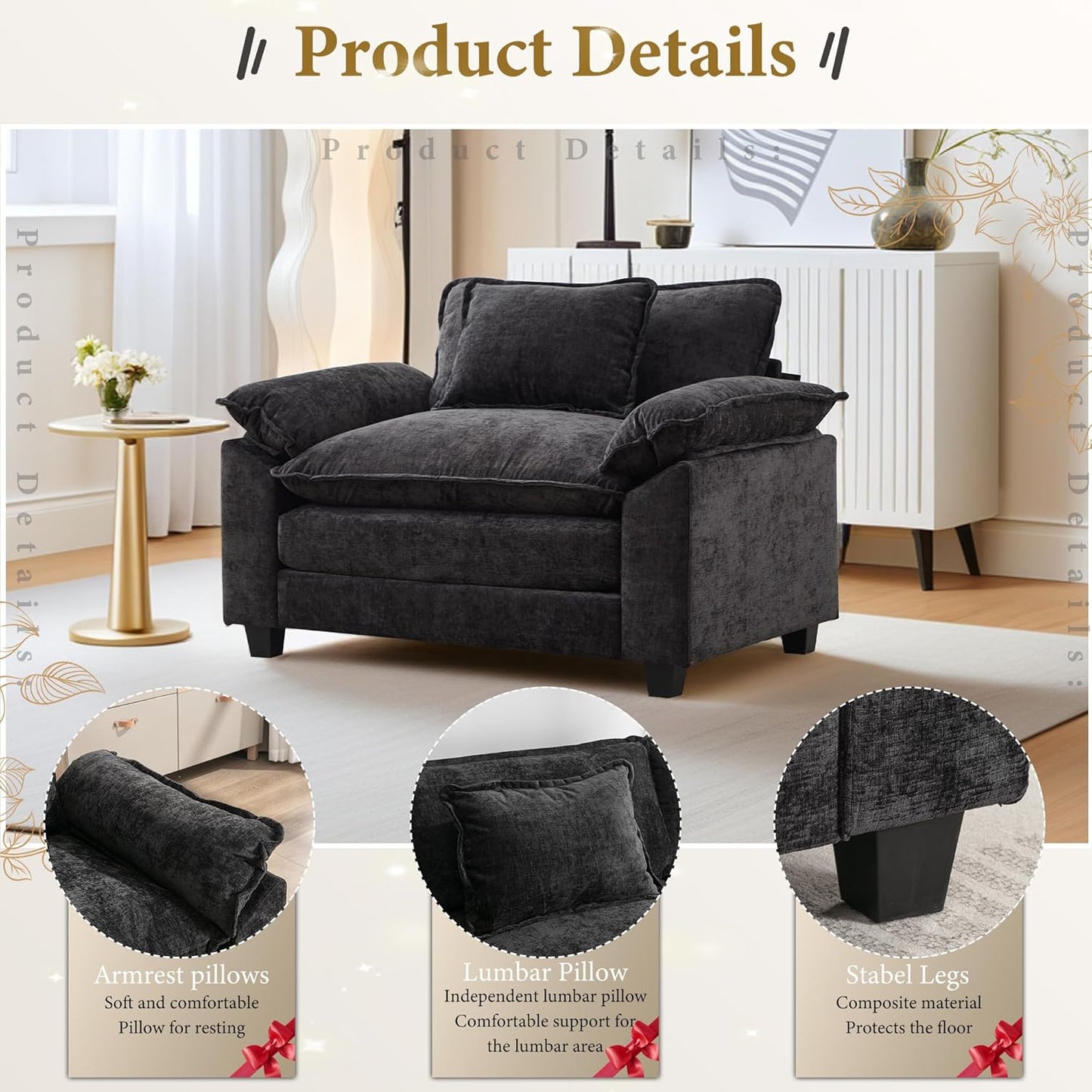 URRED Modular Sectional Sofa Comfy Cloud Couch, Modern Chenille Sofa Sleeper Deep Seat Couches with Ottoman/Pillows for Living Room (Black, 53'')