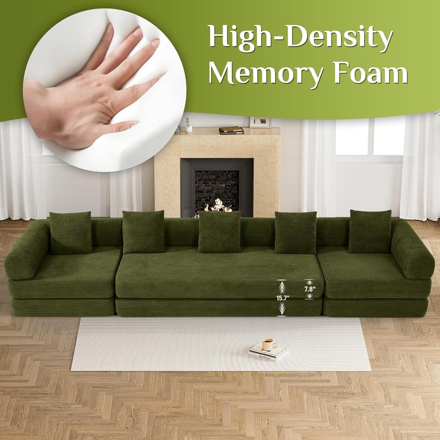 Convertible Sleeper Sofa Bed Set with Pillow, 4-in-1 Corduroy Folding Mattress Boneless Couch with Fixed-Shape Frame, Fold Out Floor Sofa Cama Lounge Couch for Living Room, Olive Green