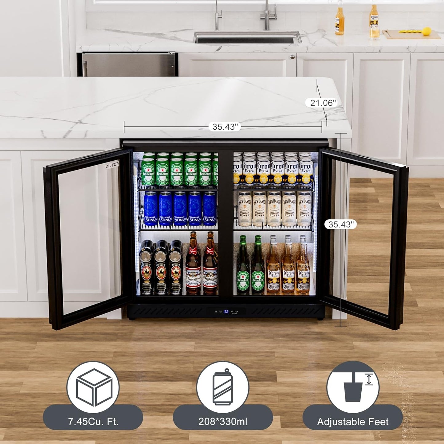COTLIN 36" W Back Bar Cooler Beer Fridge Undercounter Refrigerator with LOW-E Glass Free Standing Beverage Refrigerator Adjustable Shelves for Soda Beer Wine, ETL NSF Approved