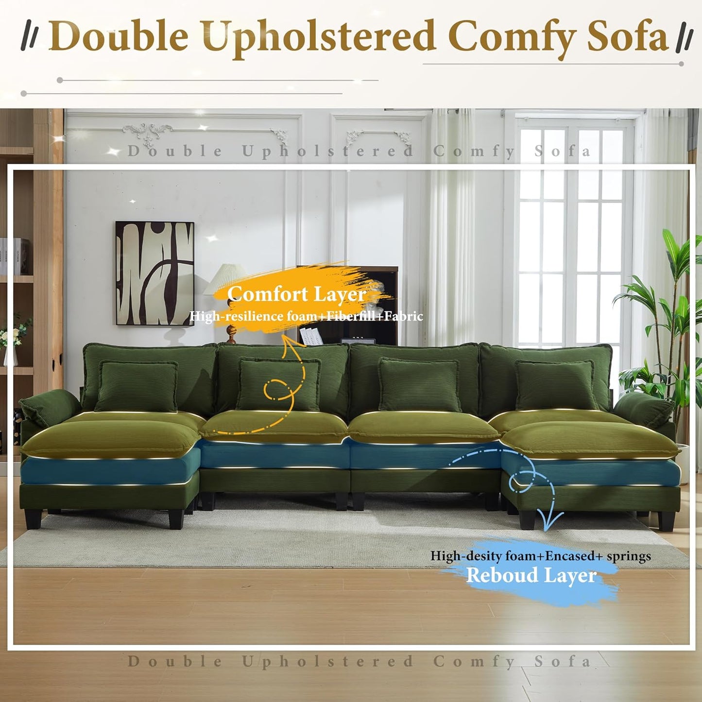 URRED Modular Sectional Sofa Comfy Cloud Couch, Modern Corduroy Sofa Sleeper Deep Seat Couches with Ottoman/Pillows for Living Room (Green, 154'' - U Shape)