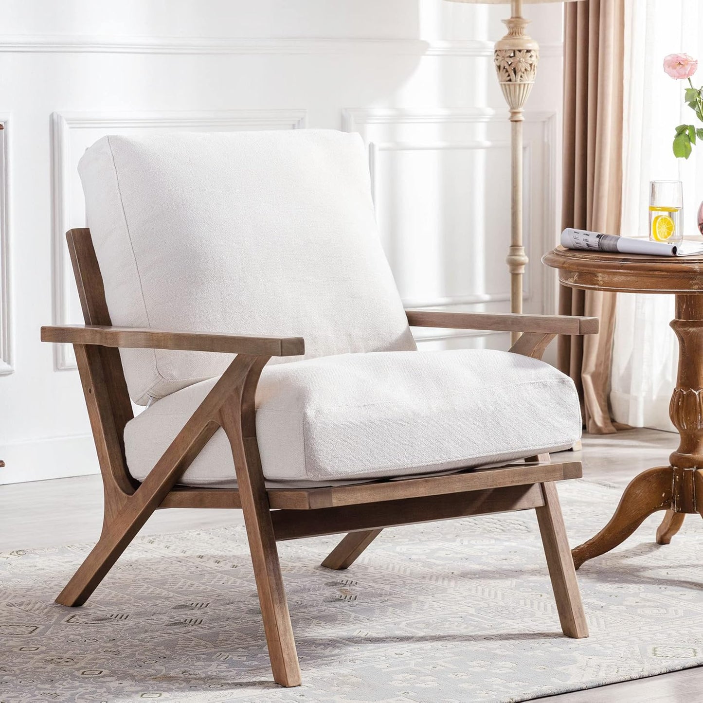 HNY Mid Century Modern Accent Chairs Set of 2, Farmhouse Linen Upholstered Armchair for Living Room, Bedroom, 23'' Seat Wide Retro Leisure Reading Chair Slipper Chair with Wood Frame, White