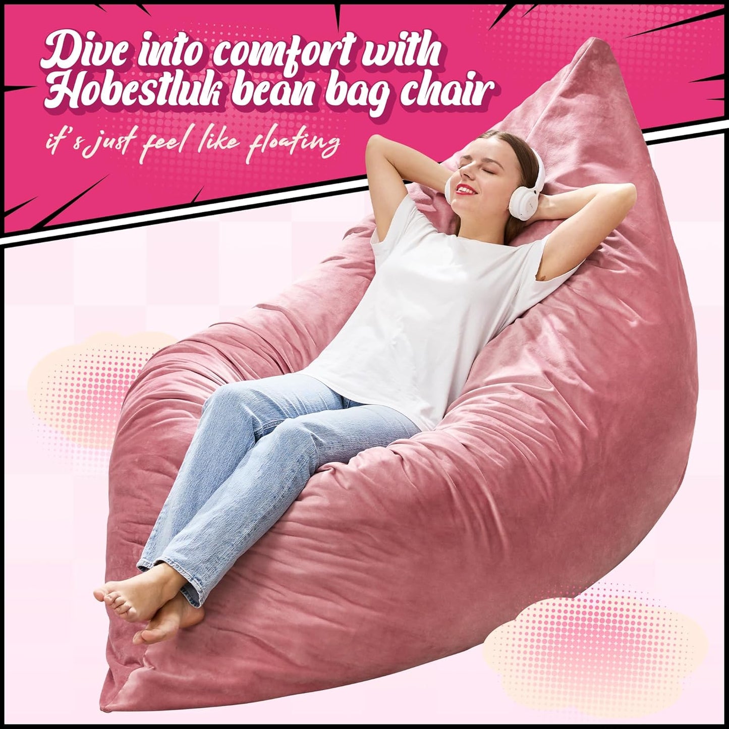 Hobestluk 3 in 1 Bean Bag Chair Giant Bean Bag Chairs for Adults with Velvet Cover Convertible Bean Bag Floor Cushion with Machine Washable Cover for Living Room (Velvet Pink)