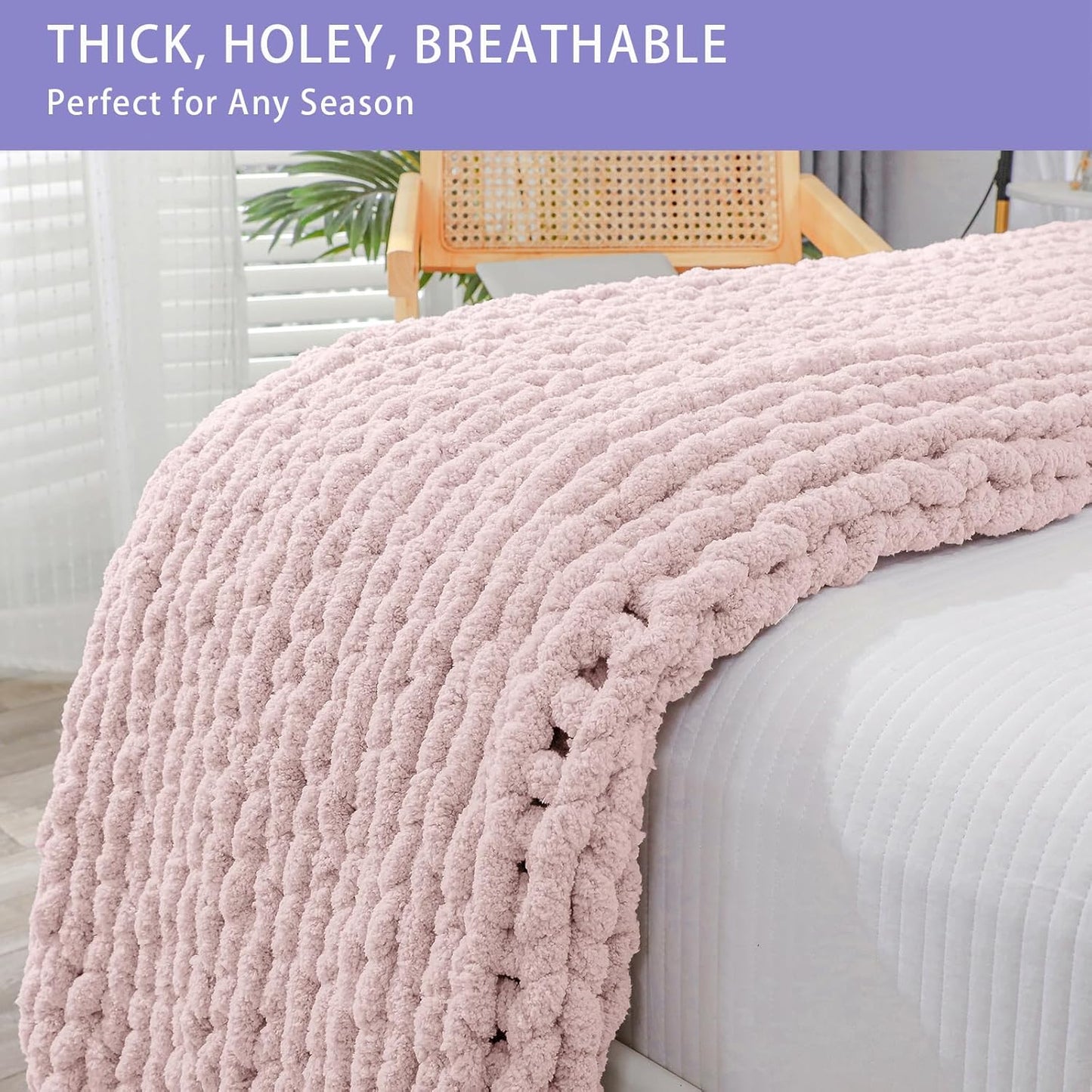 Bigacogo Chunky Knit Throw Blanket for Couch, 40x80 inches, 100% Hand Knitted with Thick Jumbo Chenille Yarn, Cozy Soft Large Rope Knot Cable Crochet Blankets for Sofa Bed Living Room, Rose Tan