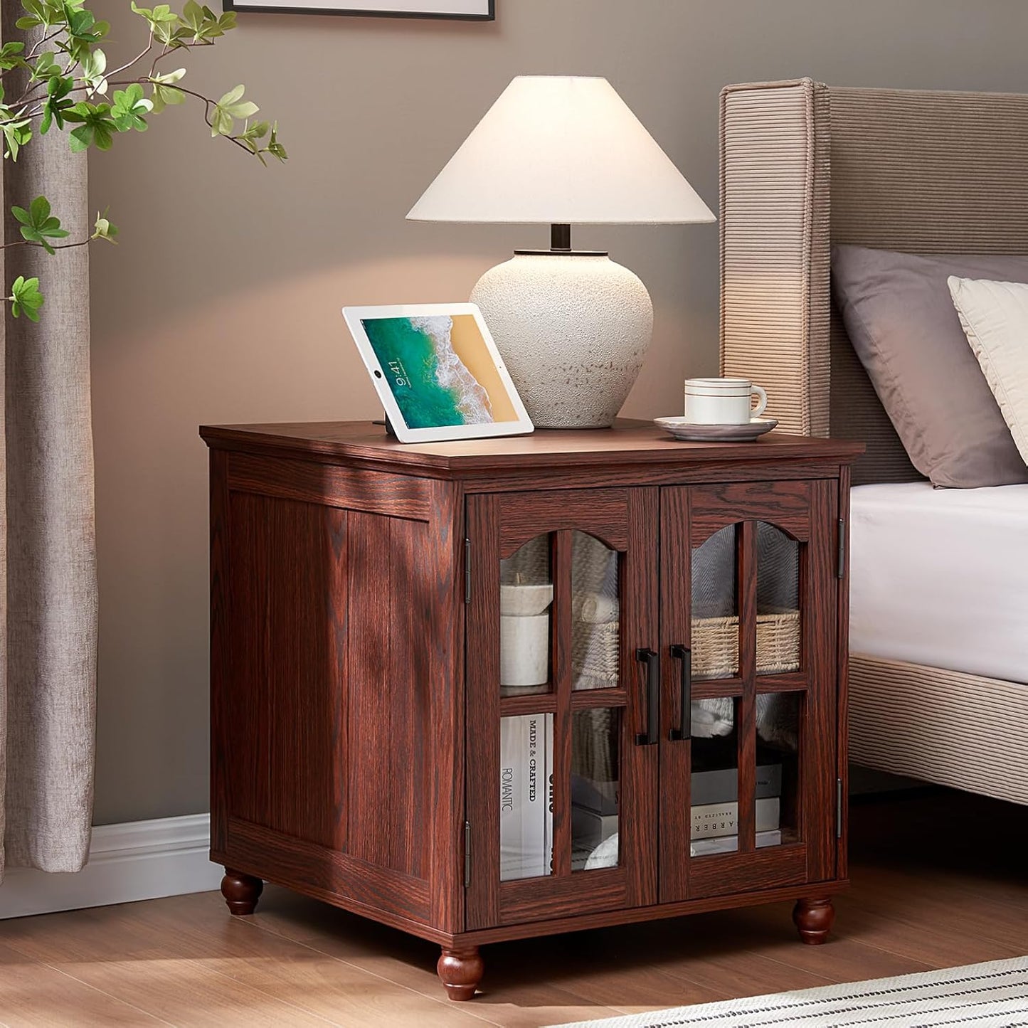 Farmhouse End Table with Charging Station,24" Large Sofa Side Table with Glass Barn Door,Rustic Wood Night Stand with Adjustable Storage Shelf,Square Bedside Table for Living Room,Bedroom Office