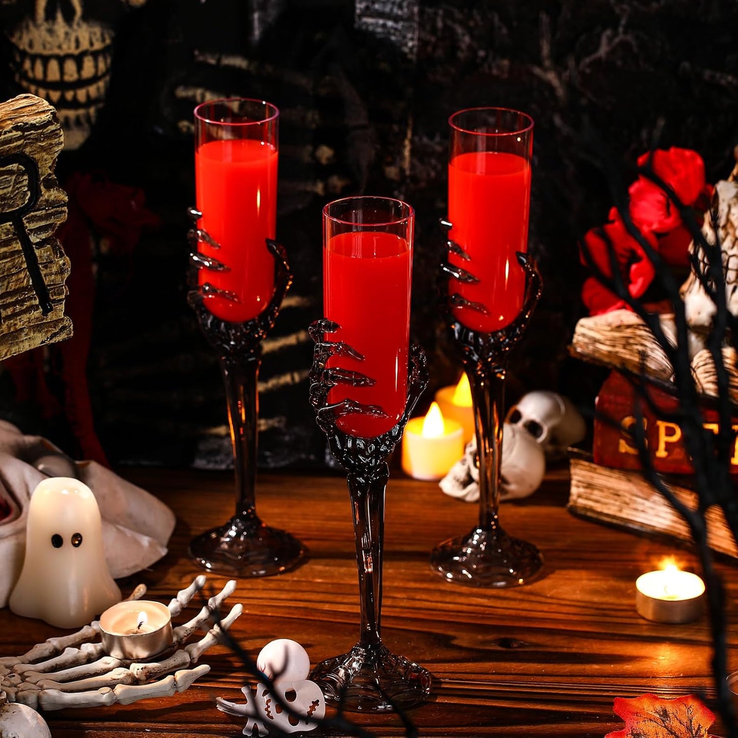 Bokon 48 Pcs Halloween Champagne Flutes Bulk Plastic Stemware Halloween Skeleton Hand Plastic Goblets Creepy Champagne Flute for Party Decoration(Black)