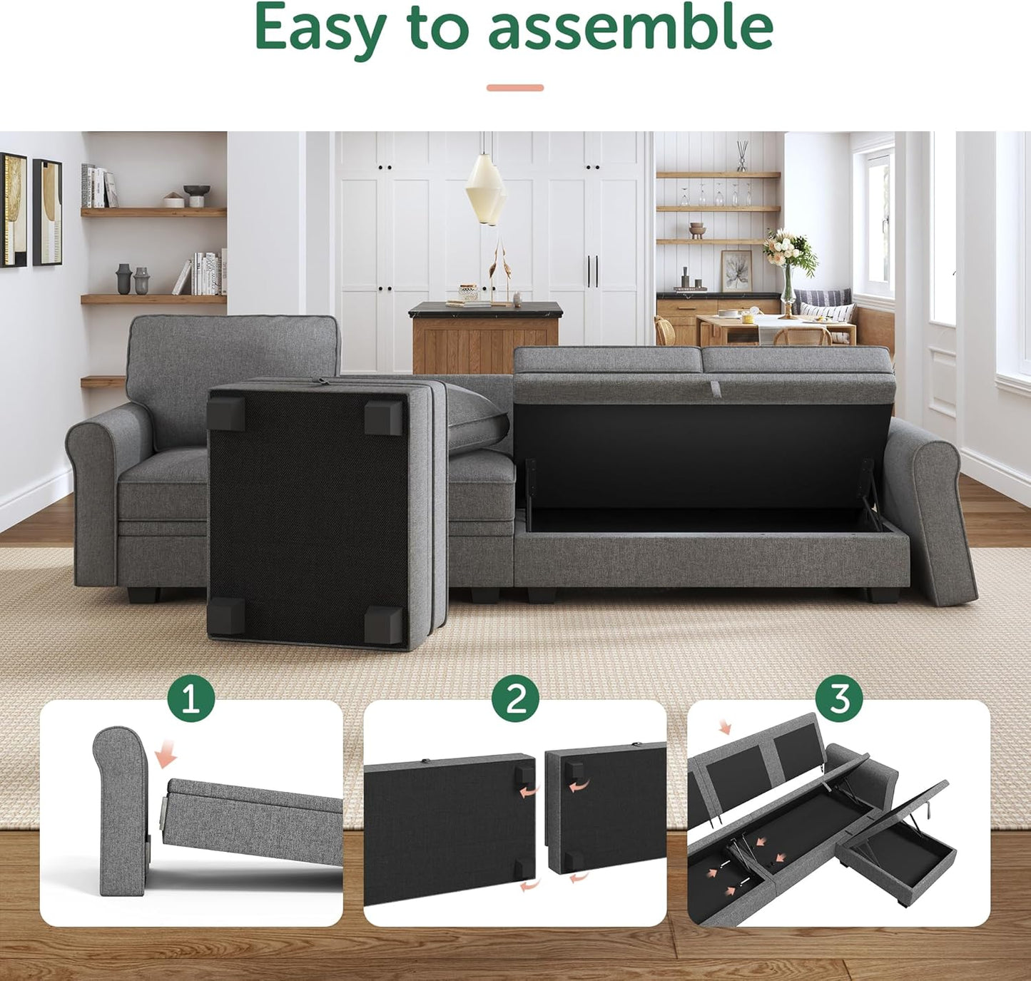 HONBAY Convertible Sectional Sofa with Storage U Shaped Sectional Couch with Reversible Chaise Small Sectional Couches for Living Room,Grey