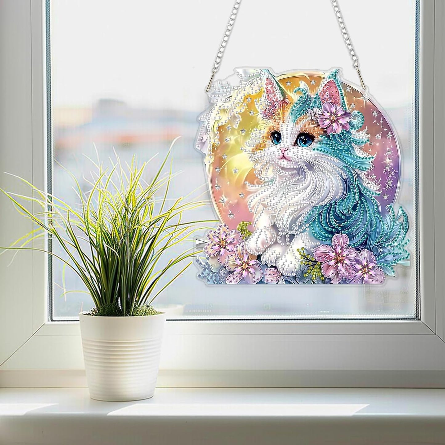SENQAO Cat Diamond Art Hanging Kit for Adult, Special Shaped Rhinestone, Double Sided DIY Acrylic Diamond Art Painting Window Pendants Home Garden Wall Hanging Kits Hanging Ornament