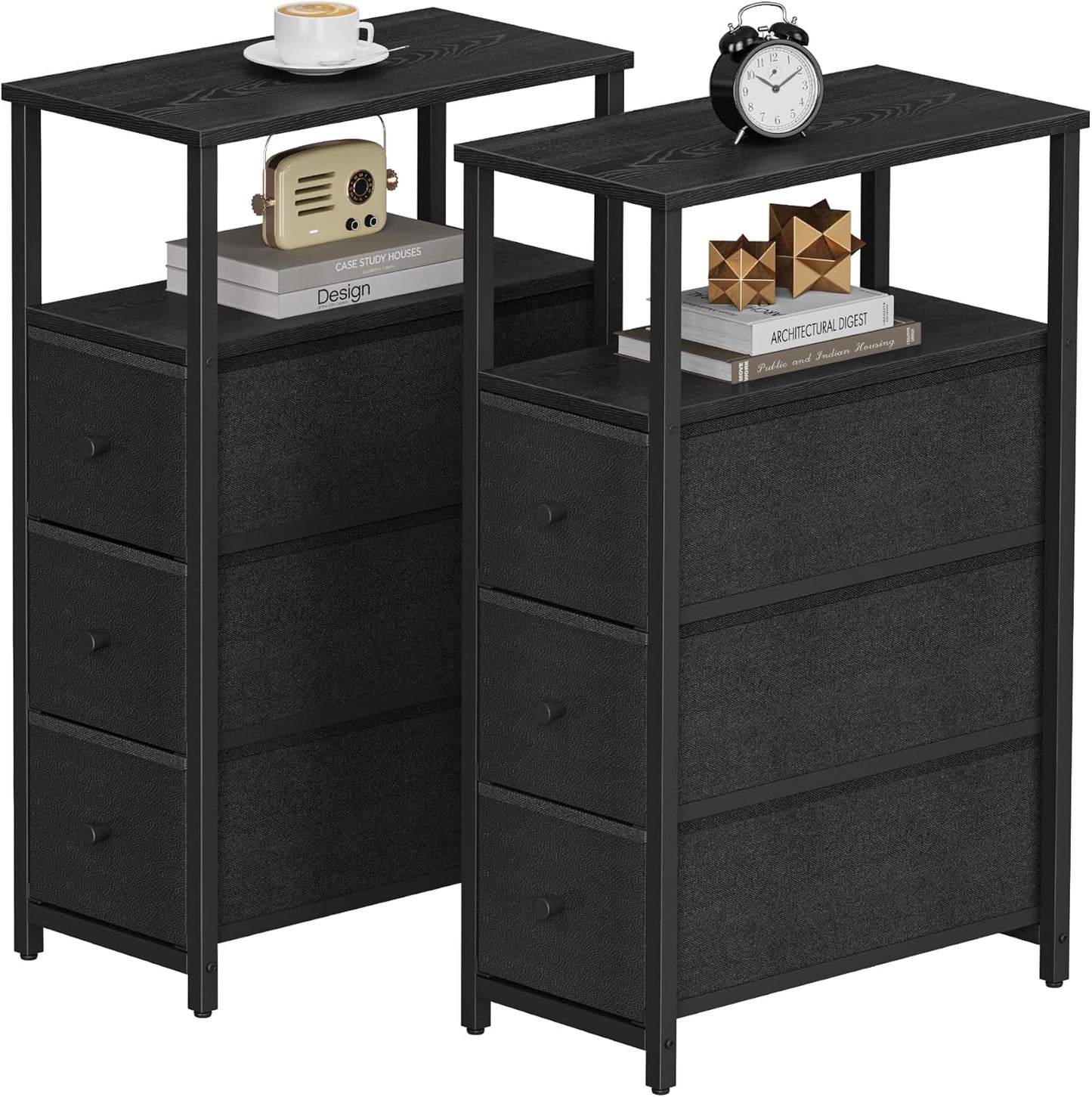 TUTOTAK Narrow Night Stand, Slim End Table, Tall Side Table with 3 Fabric Drawer, Small Bedside Table with Storage, Set of 2, for Living Room, Bedroom, Black TB01BK072