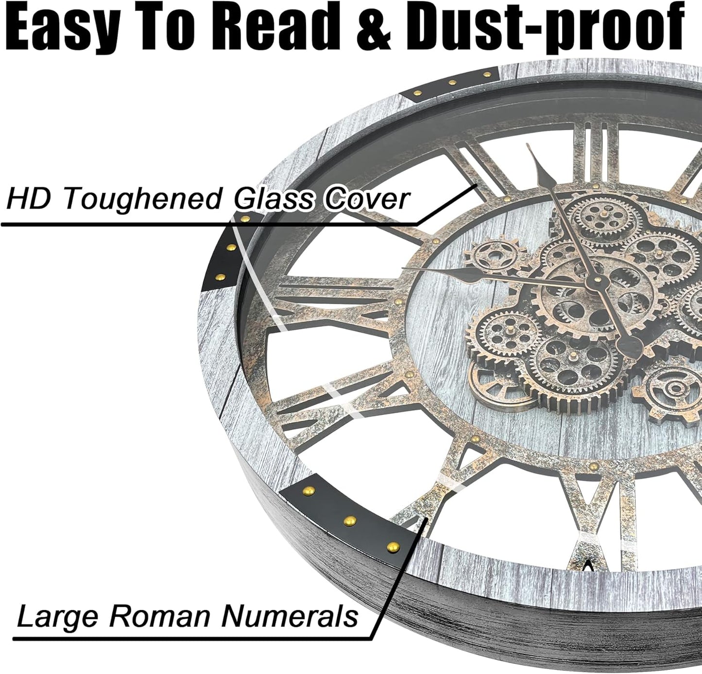 DORBOKER 36" Original Moving Gears Wall Clock, Large Industrial Wall Clock for Living Room Decor, Retro Metal Solid Wood Vintage Farmhouse Steampunk Rustic Clocks for Wall Decor,Silver Grey