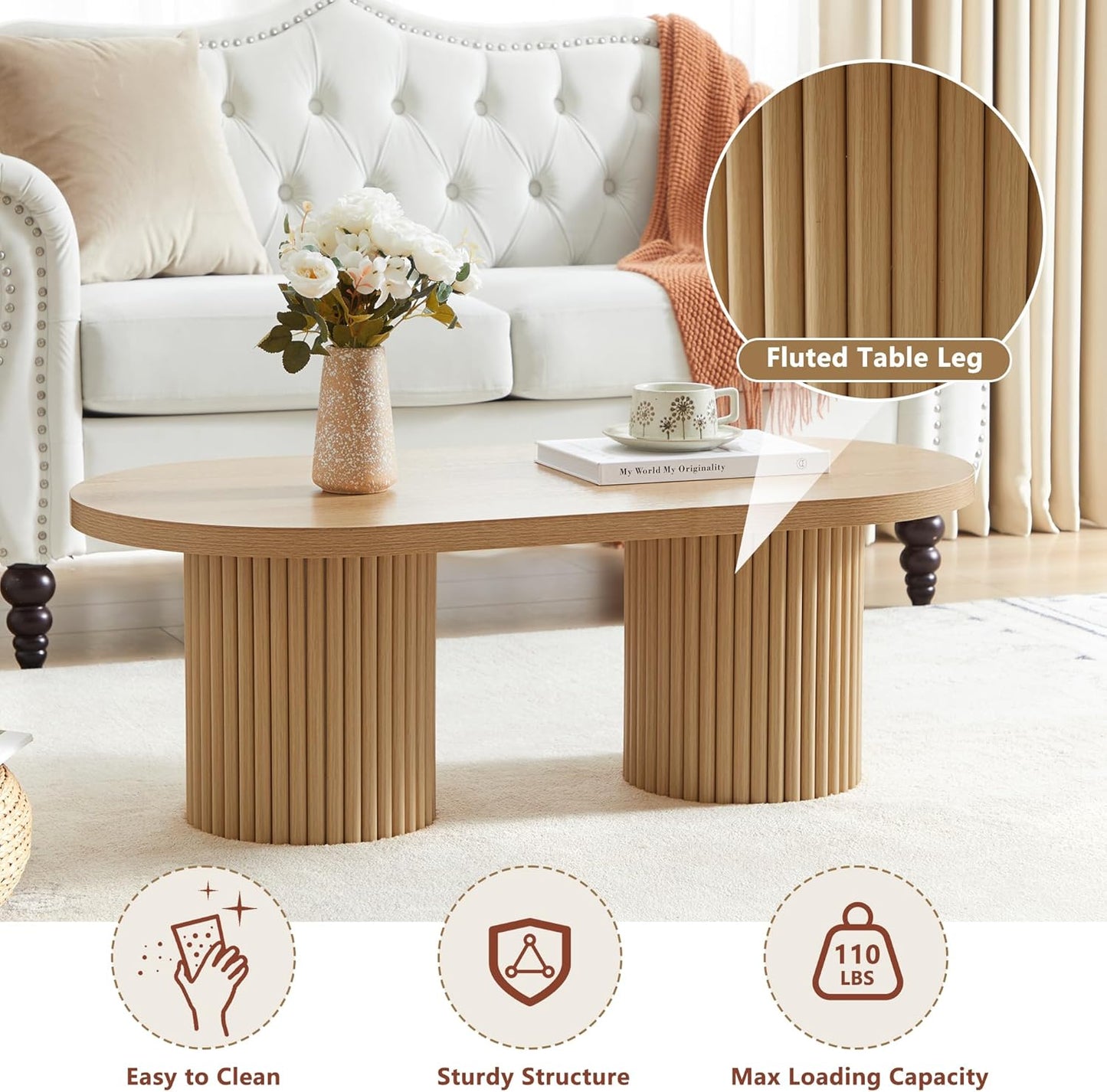 Oval Fluted Coffee Table, Farmhouse Wood Coffee Table Mid Century Modern Center Table Boho Living Room Tables for Living Room Office (Natural, 19.69" D x 39.38" W x 13.78" H)