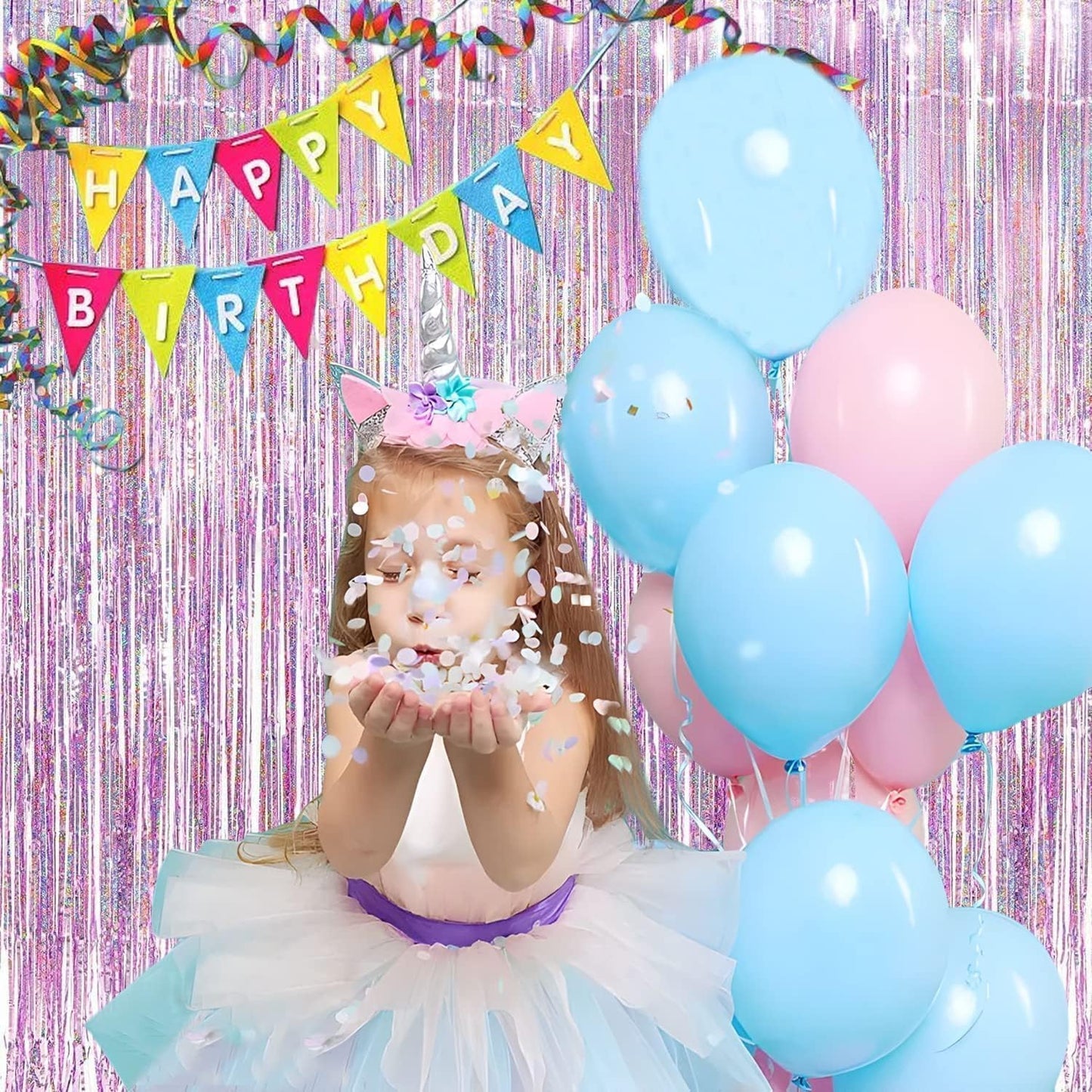 BRAVESHINE Pink Streamers Tinsel Foil Fringe Curtains - 2Pcs 3.2x8.2ft Metallic Photo Booths Backdrop for Girl/Princess/Birthday/Bridal Shower/Engagement/Bachelorette/Boo/Halloween Party Decorations