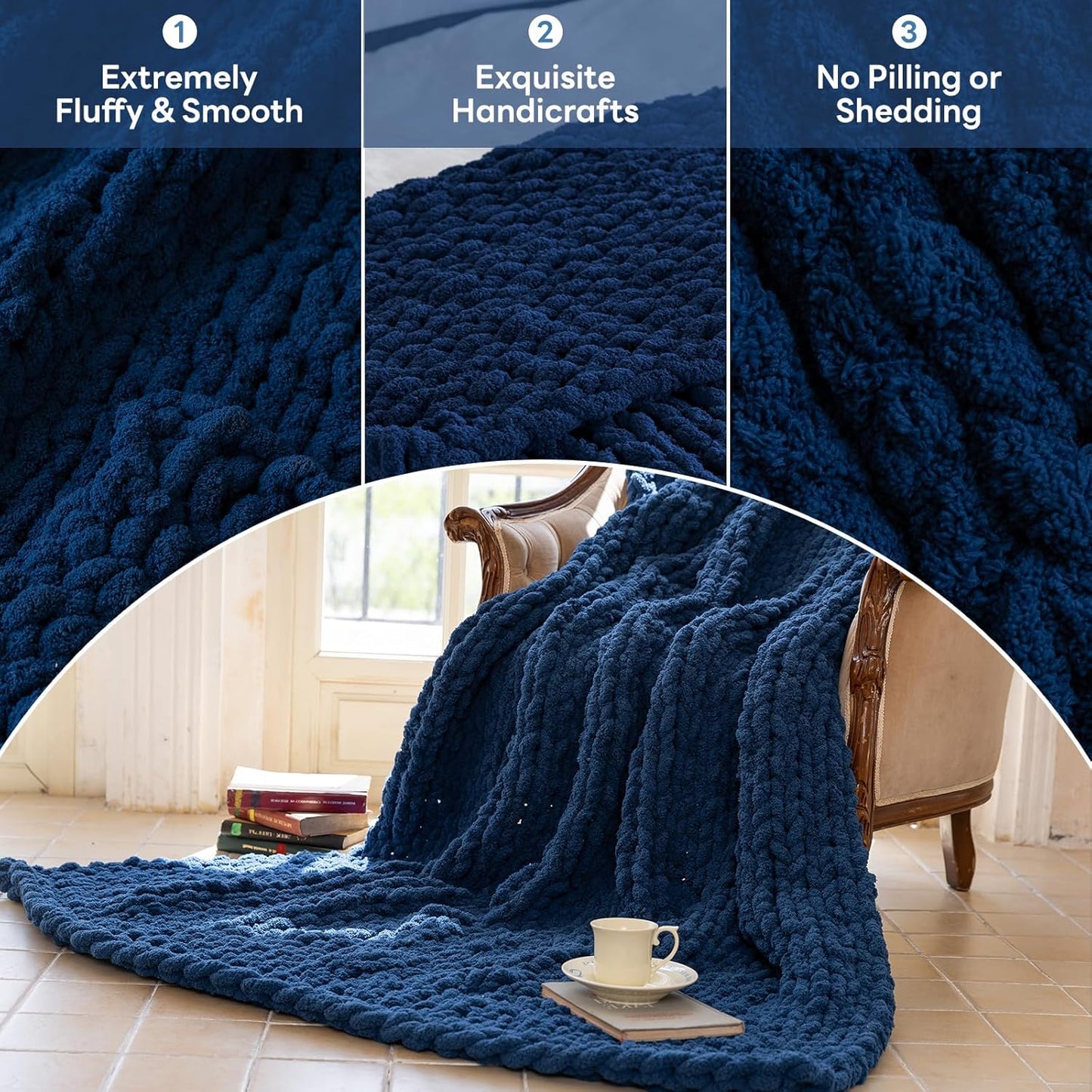 Chunky Knit Blanket - Luxury Soft Cozy 60 * 80 Throw Blanket,100% Woven Blanket Rope Knot Throw Blanket for Couch, Sofa, Home Decor, Gift - Machine Washable（Deep Blue）