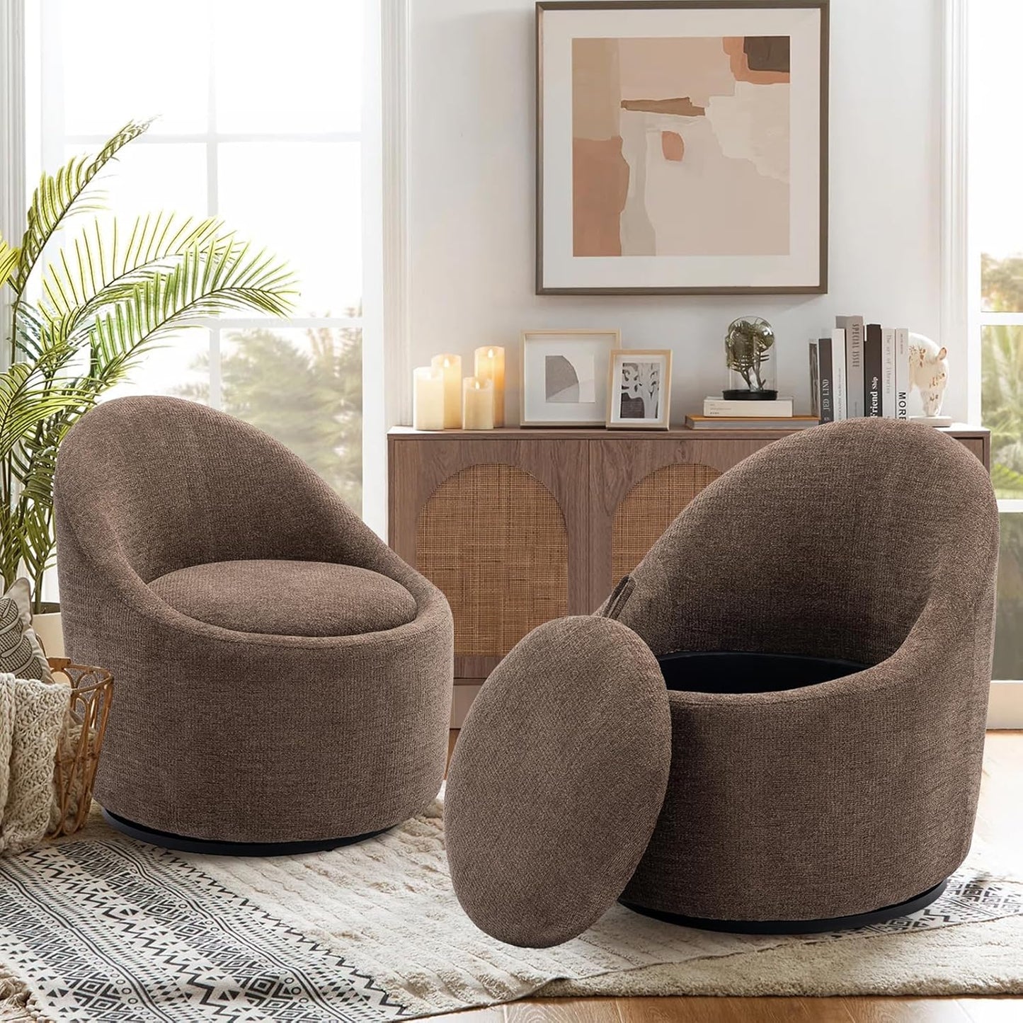 COLAMY Swivel Accent Chair Set of 2, 360° Swivel Round Chair with Hidden Storage, Modern Small Barrel Armchair for Living Room/Bedroom, Brown
