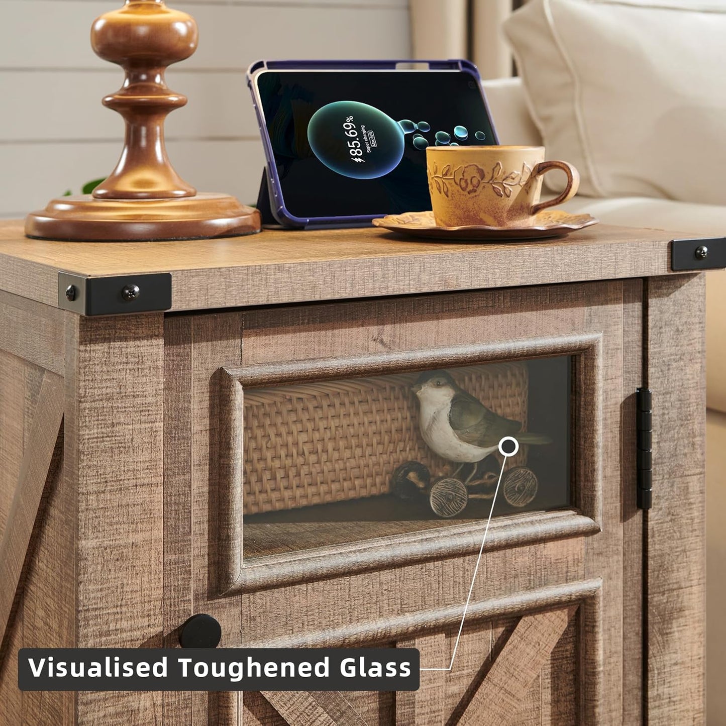 JXQTLINGMU Farmhouse End Table with Charging Station, 18'' Rustic Nightstand with Barn Door & Adjustable Shelf, Wooden Sofa Side Table with 3-Tier Storage for Living Room, Bedroom, Warm Brown