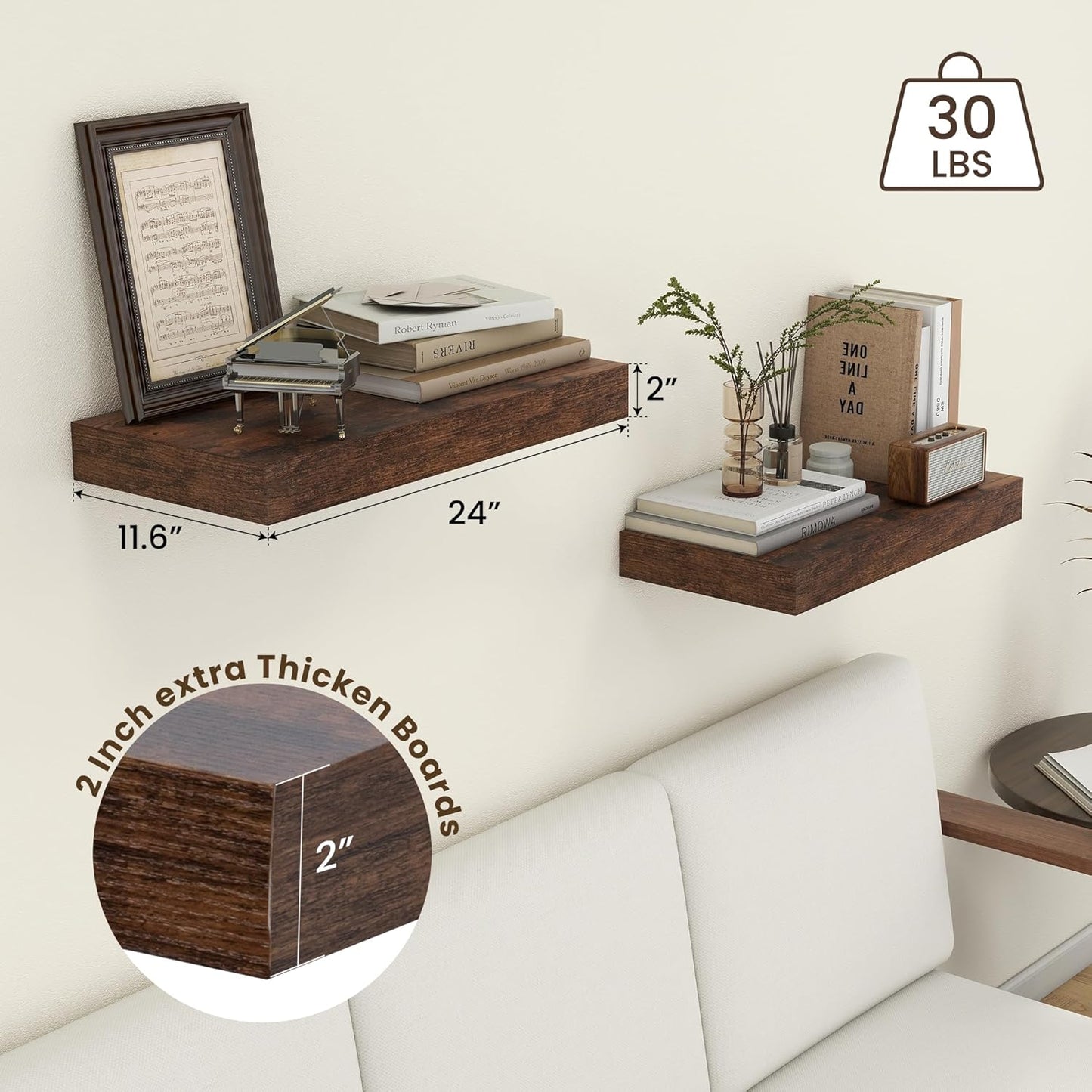 Deep Floating Shelves, 12 Inch Deep Rustic Floating Shelves Set of 2, 24 Inch Large Wall Mounted Wood Shelves for Books Laundry Room Living Room Bedroom Kitchen Home Office - Rustic Brown