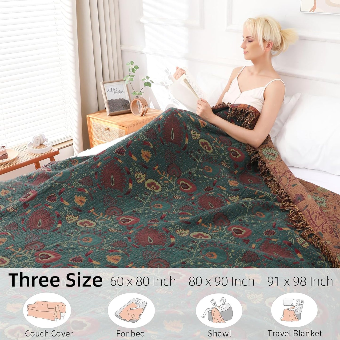 Boho Throw Blanket for Bed - 100% Pure Cotton Ultra Soft Rustic Quilt - Farmhouse Decor Bed Blankets, All Season Rustic Throw for Sofa Couch Chair(60''×80'', Floral)