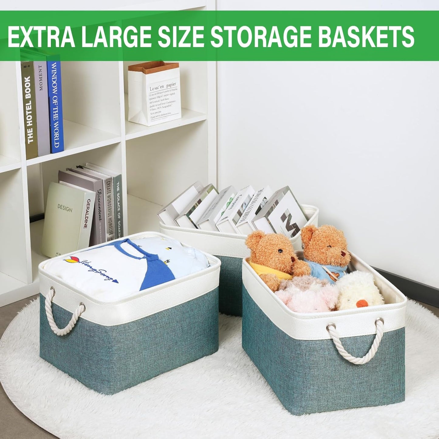 Bidtakay Fabric Storage Baskets for Shelves 3 Pack Large Storage Bins for Organizing Linen Collapsible Organizer for Closet-Deep Green