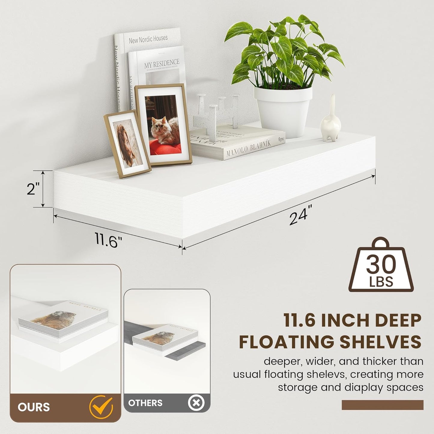 Deep Floating Shelves for Wall | 24 Inch Wide x 12 Inch Deep White Floating Shelves | 24W x 12D Rustic Wood Wide Wall Shelves | Bookshelf Laundry Shelf TV Shelf