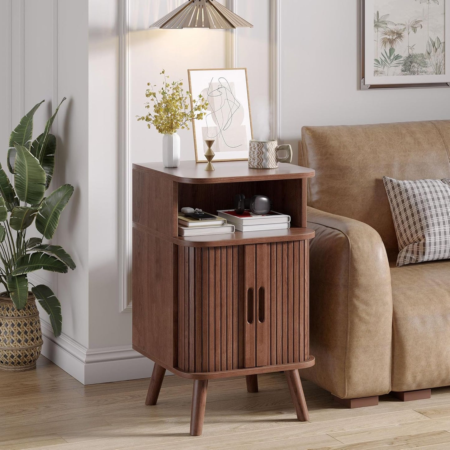 Alohappy Fluted End Table Set of 2, Mid Century Modern Nightstand with Sliding Tambour Door, Curved Round Edge Wood Bedside Table for Bedroom, Side Tables with Storage for Living Room, Walnut