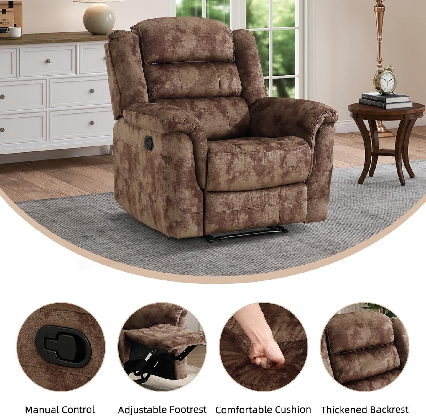 EBELLO Manual Recliner Chair, Soft Fabric Recliner Sofa with Overstuffed Armrest and Backrest for Living Room, Bedroom, Brown