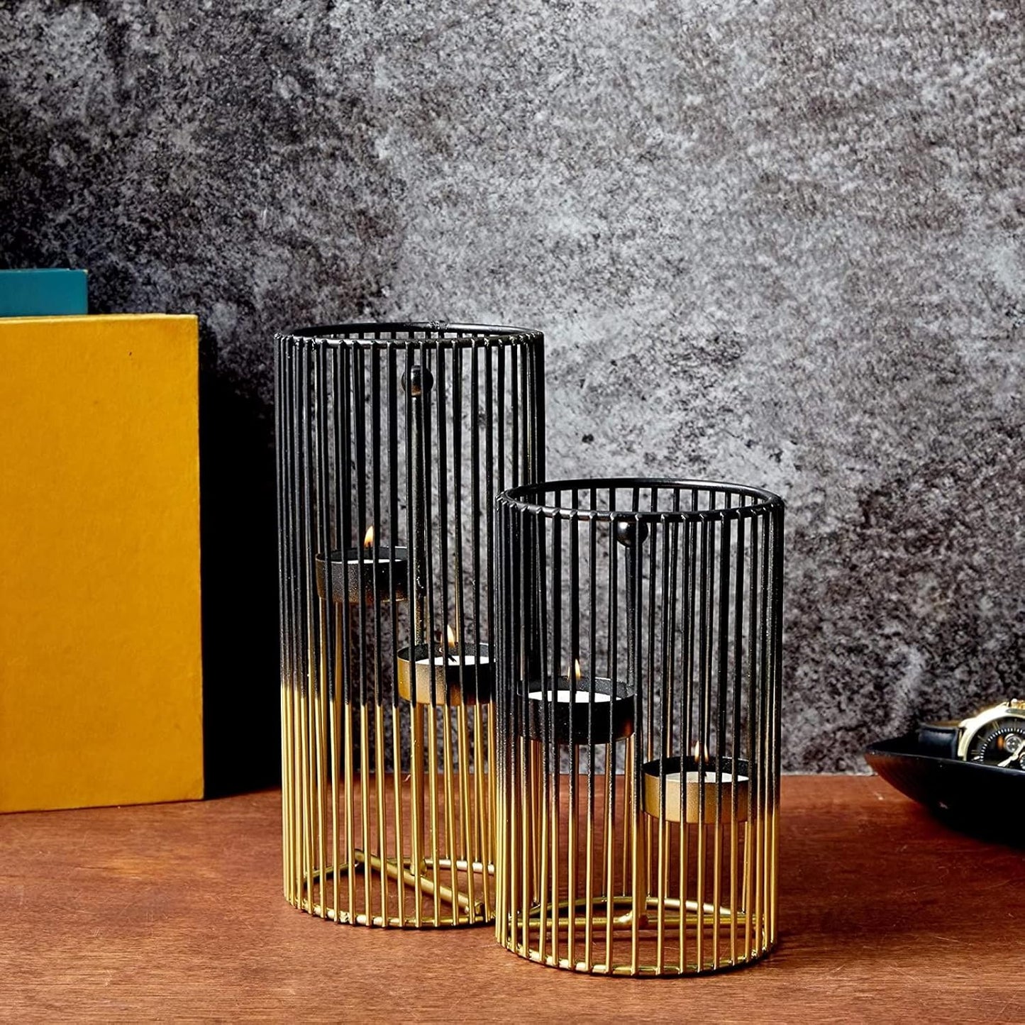 Juvale Set of 2 Black and Gold Geometric Candle Holders for Modern Table Decor (2 Sizes) - Black and Gold Candle Holder Set for Table Centerpieces