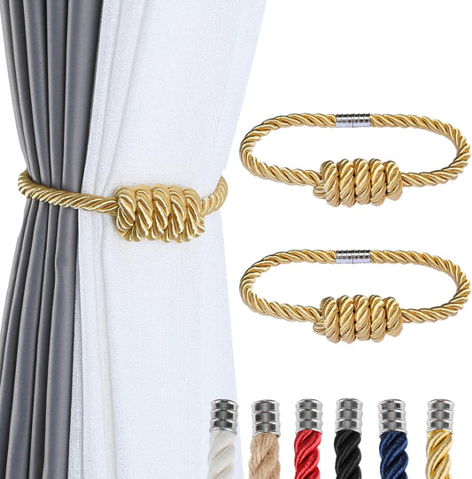 Fenghuangwu 2Pack Magnetic Curtain Tiebacks – Bohemian Style Handmade Woven Tie-Backs for Drapes,Elegant Exquisite Knot Holdbacks,Outdoor Boho & Modern Home Decor（Gold
