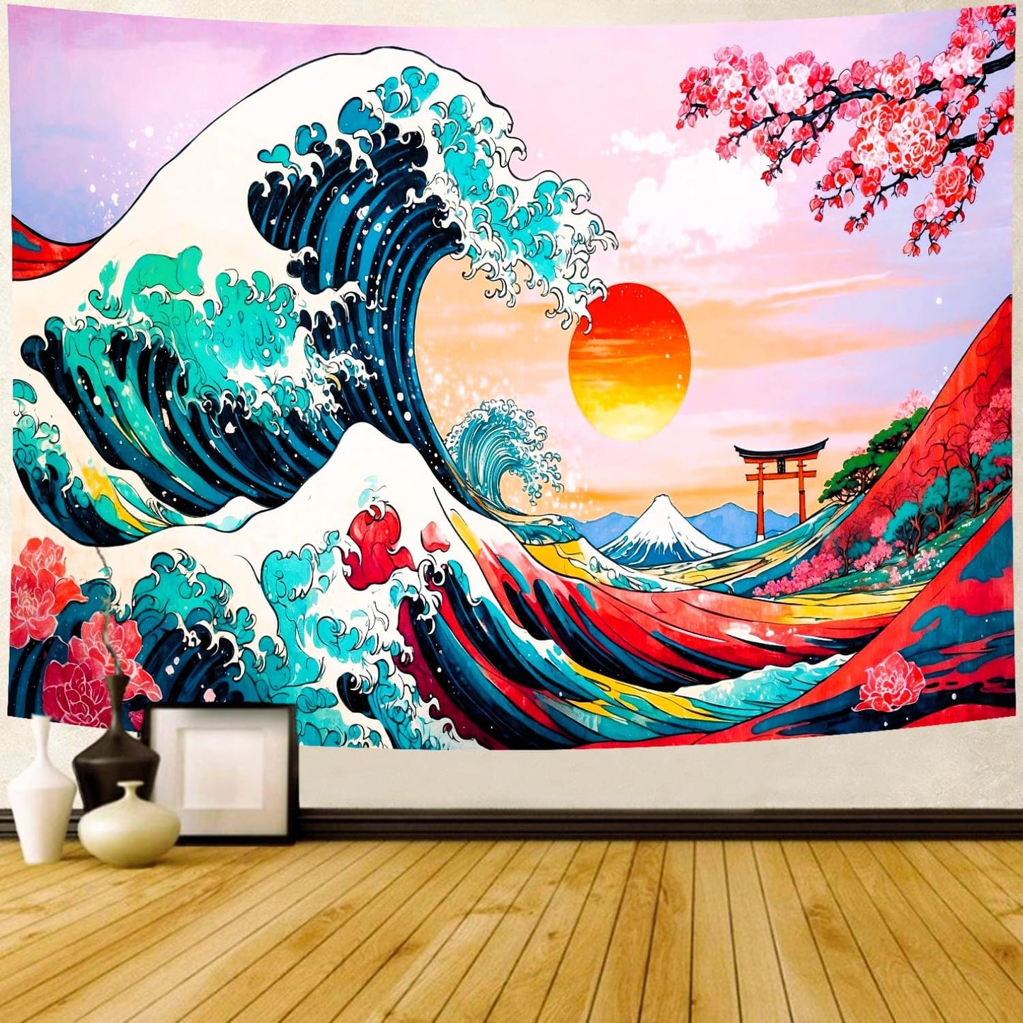 Delur Great Wave Tapestry Japanese Sunset Ocean Sea Wave Off Kanagawa Tapestry Wall Hanging Vintage Asian Anime Cherry Blossom Nature Headboard for Bedroom Living Room Home Decor (70.8" x 92.5")