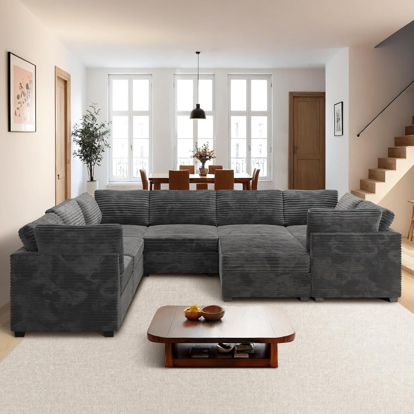 ovios Sectional Sofa Couch with U-Shape Chaise Sofa Bed, Comfy Modular Cloud Couches with Deep Seat, Modern Upholstered Plush Corduroy Sofas Set for Living Room, 8-Seater, Grey