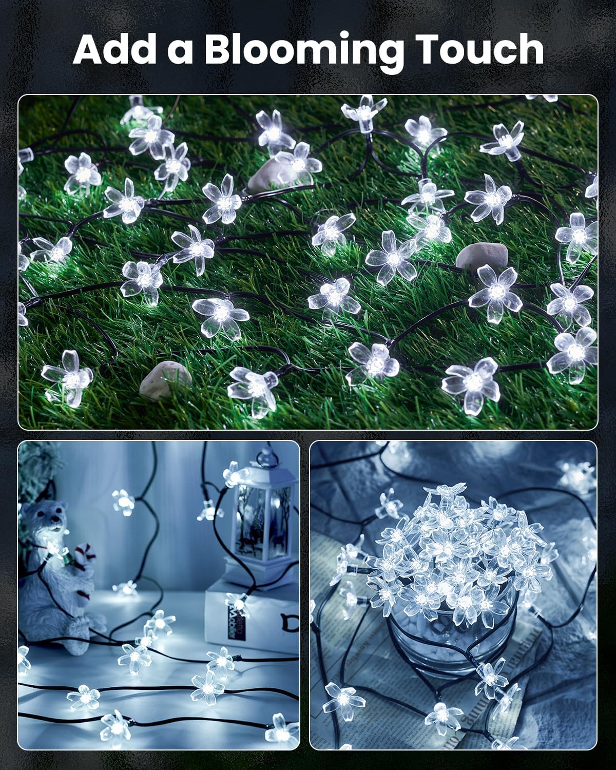 Brightown 2 Pack Total 52FT 120 LED Solar String Lights Flower Outdoor Waterproof Fairy Lights for Garden Yard Fence Patio Christmas Tree Wedding Party Decor, Pure White