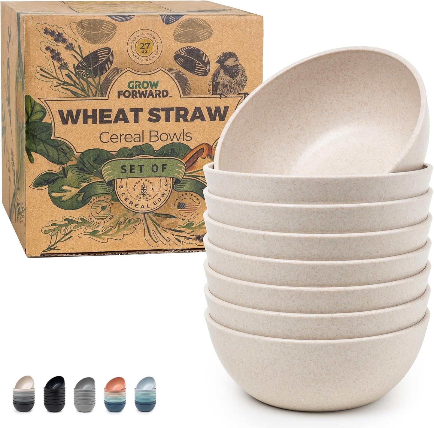 Grow Forward Premium Wheat Straw Bowls - 27oz Microwave Safe Plastic Cereal Bowls Set of 8 for Kitchen, Camping, RV, Dessert, Snack, Soup, Salad, Fruit - Reusable, Unbreakable & BPA Free - Sahara