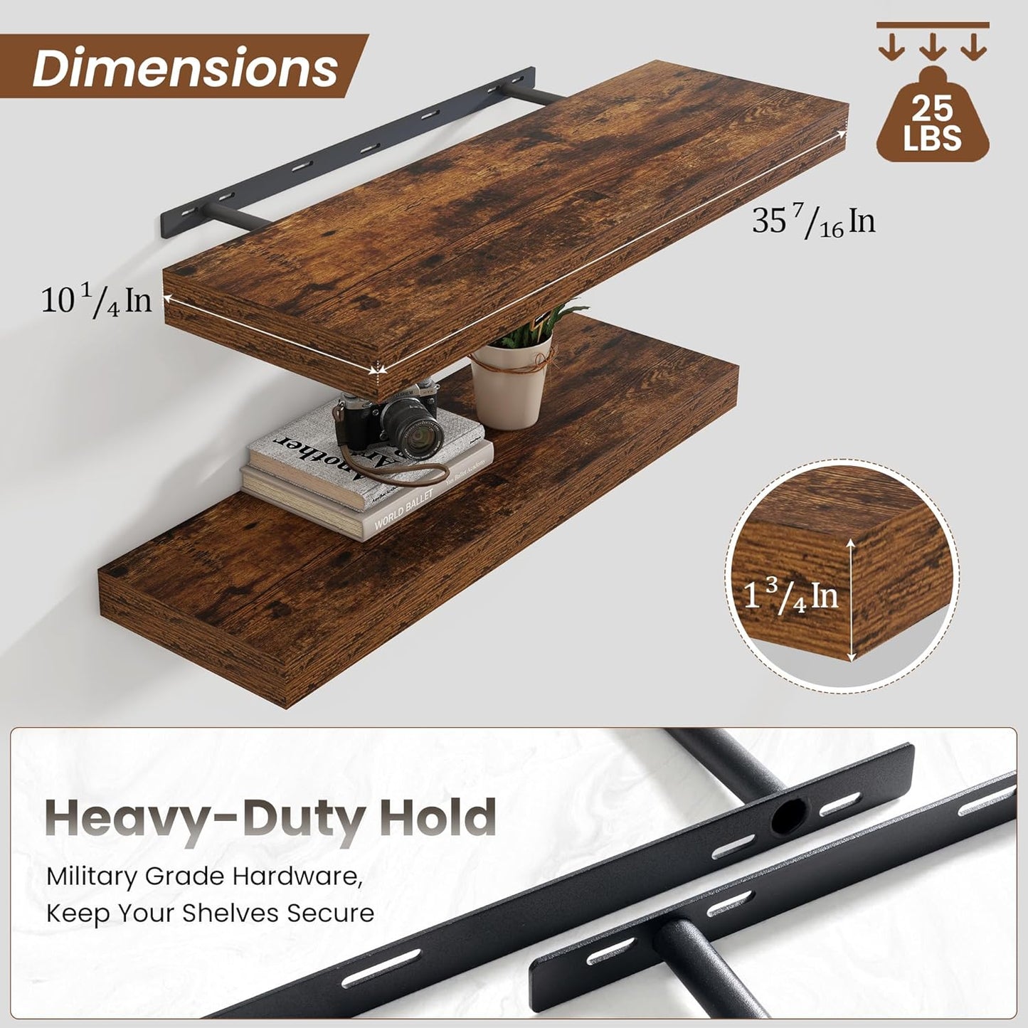 Heimlove 36 Inch Floating Shelves for Wall,10 Inch Deep Brown Wood Shelves with Invisible Brackets,Wall Mounted Storage & Display Shelves for Bedroom,Living Room,Kitchen,Office