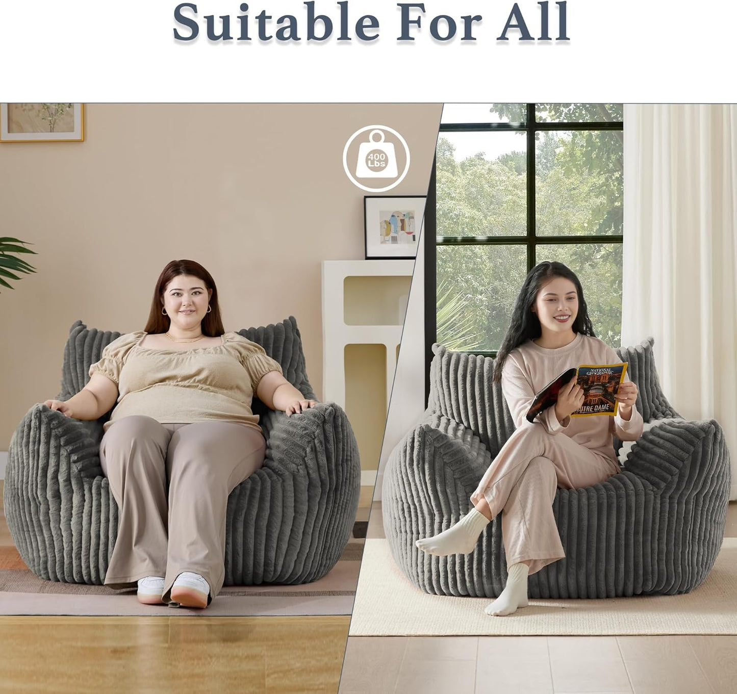 Giant Plush Bean Bag Chair for Adults with Armrests - Oversized Comfy Light Grey Beanbag Lounge Lazy Floor Sofa Accent Chair for Living Room, Bedroom & Dorm, Cozy Fluffy Single Cloud Mini Couch