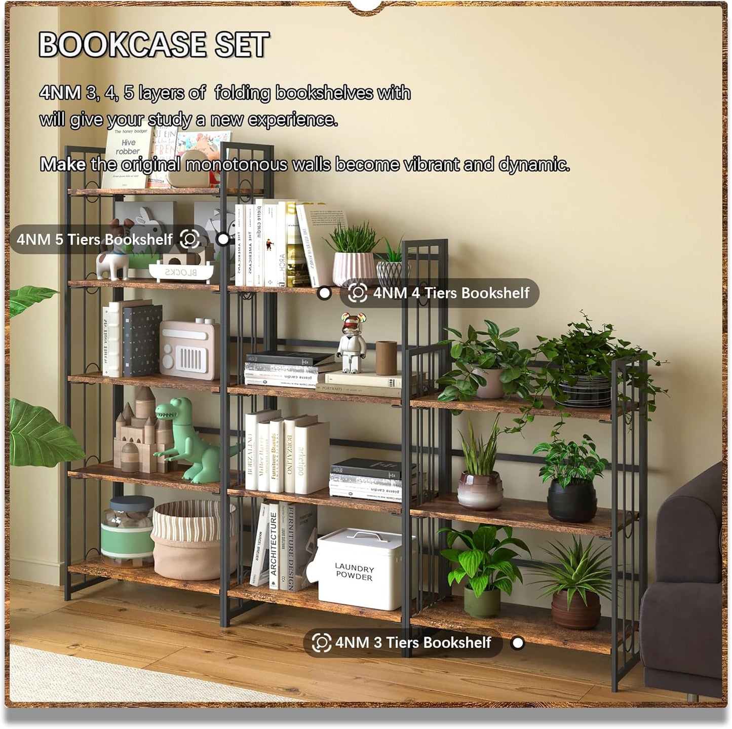 4NM No Assembly 4 Tiers Folding Bookshelf, 47.2" H Foldable Storage Shelves Vintage Bookcase Standing Racks Study Organizer Home Office - Rustic Brown Black