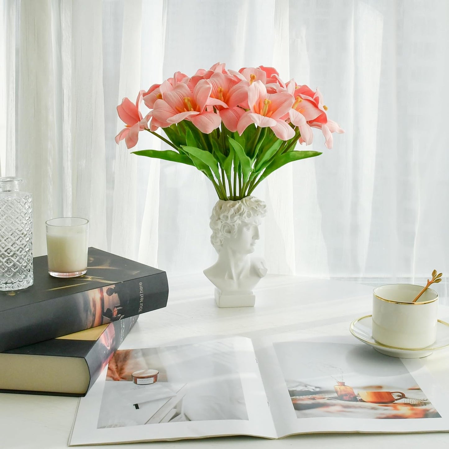 Mandy's Artificial Tulips 12 Stems Pink Fully Bloomed PU Faux Flowers for Wedding Home Decor 13.5 Inch