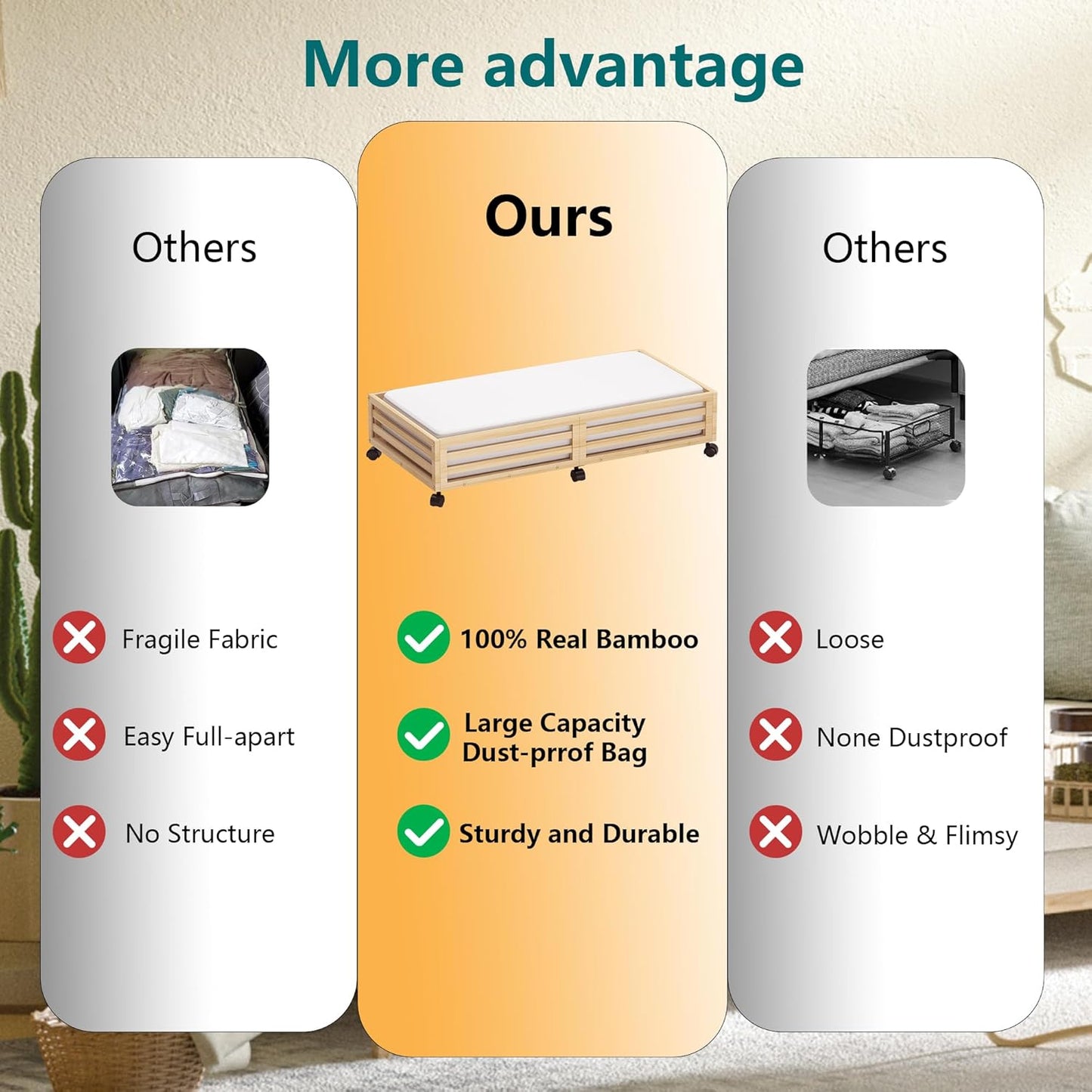 Bamboo Under Bed Storage Containers- Underbed Organizer with Wheels with Large Dust Bag,Sturdy Wood Rolling Under the Bed Shoe Storage Organizer Drawer 2 Packs (Nature, Long)