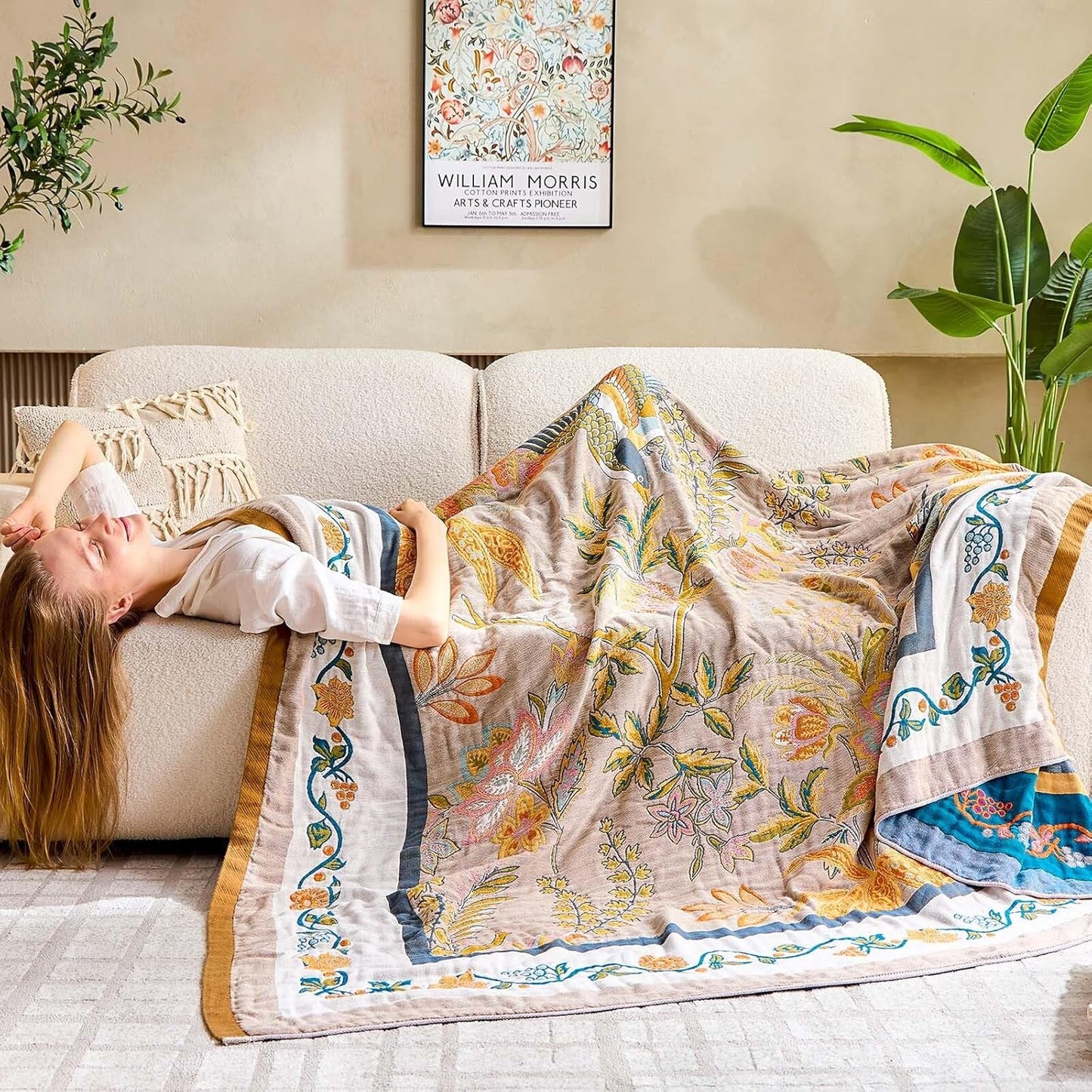 Boho Blanket, 100% Cotton Farmhouse Decorative Throw Blanket, 80"x90" Reversible Bohemian Throw Blanket, Brown All Season Muslin Breathable Woven Blankets Quilt