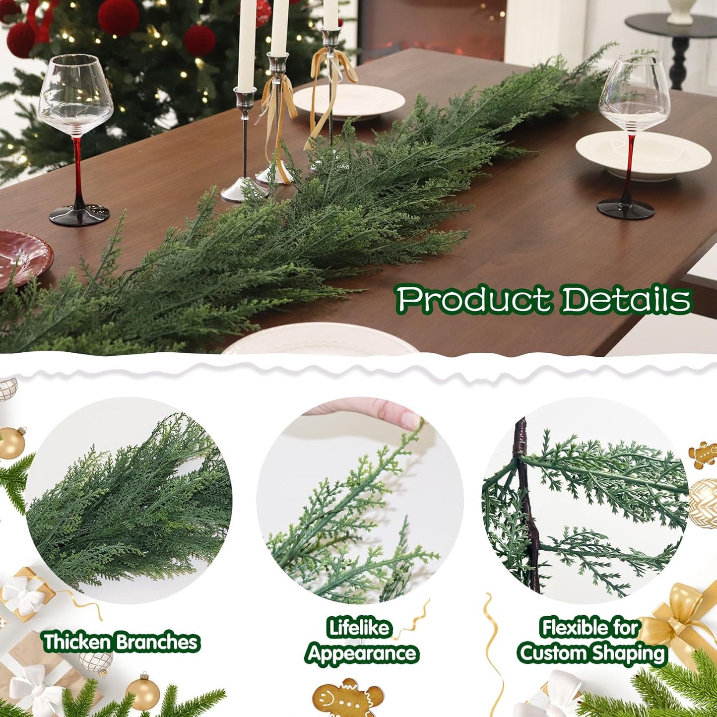 Christmas Cedar Garland Full Real Touch Artificial Green Faux Cypress Realistic Pine Garland for Mantle Fireplace Table Home Decoraiton 5FT